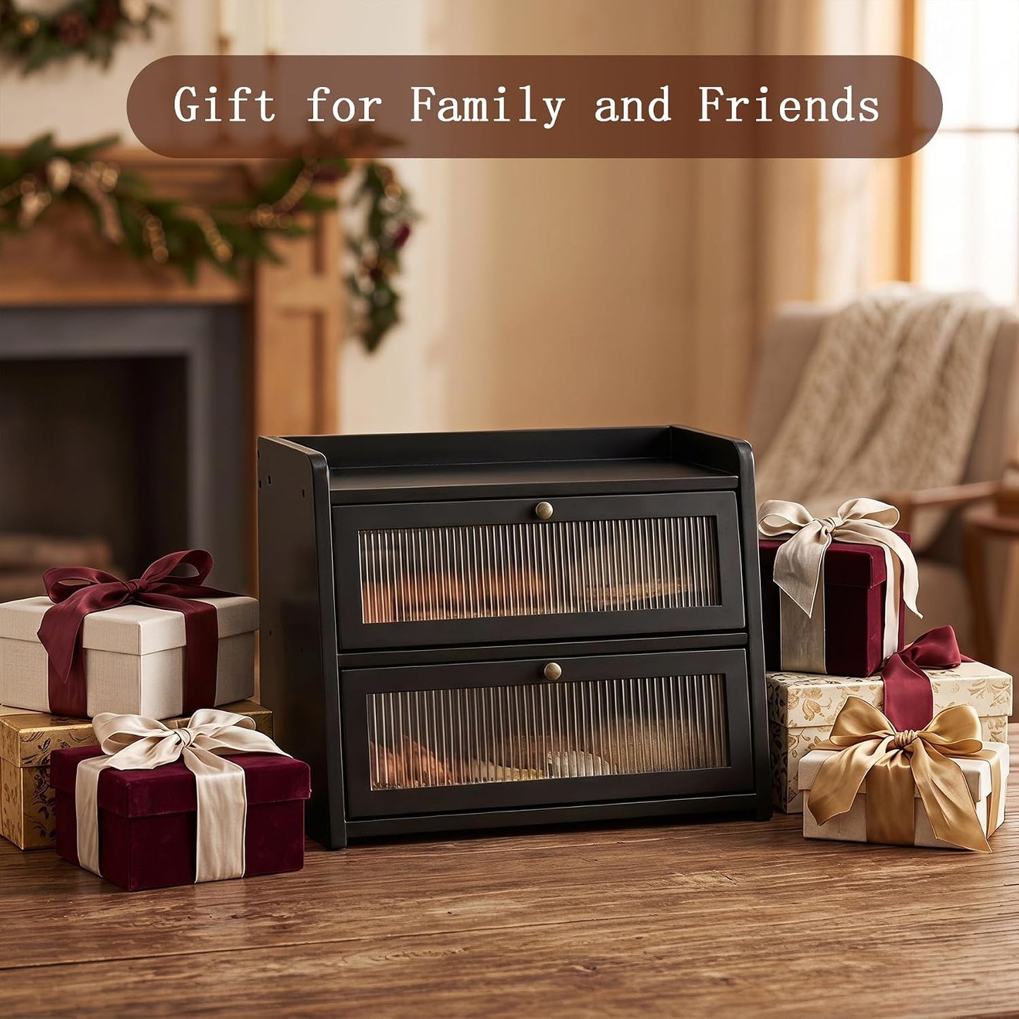Double Layer Large Bamboo Bread Box for Kitchen Counter, Wooden Large Capacity Bread Storage Bin with Window Bread