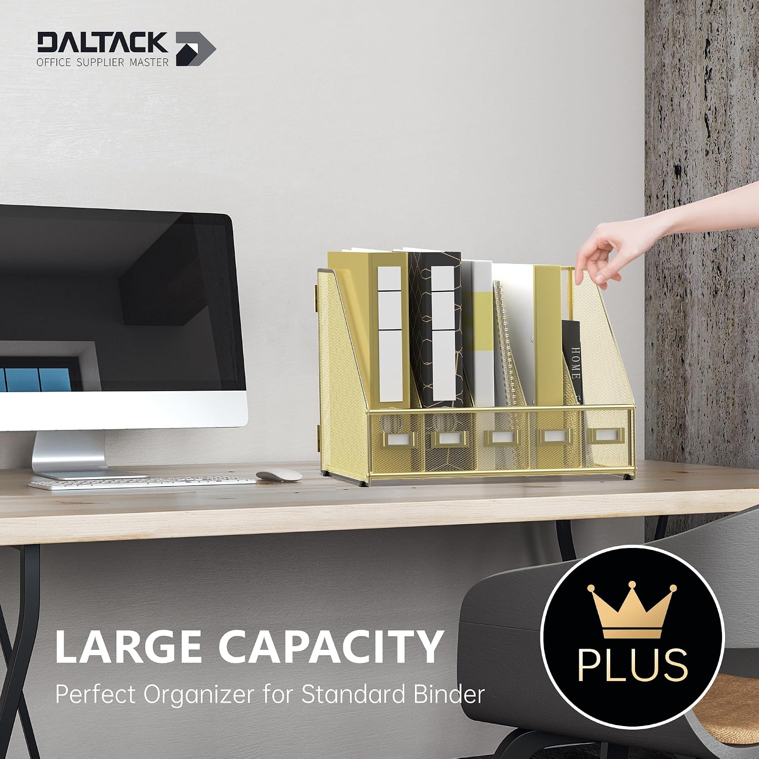 DALTACK 5-Slot Magazine File Holder, Metal Binder Holder, Gold | Iron Mesh Construction, Labeled Sections for Easy