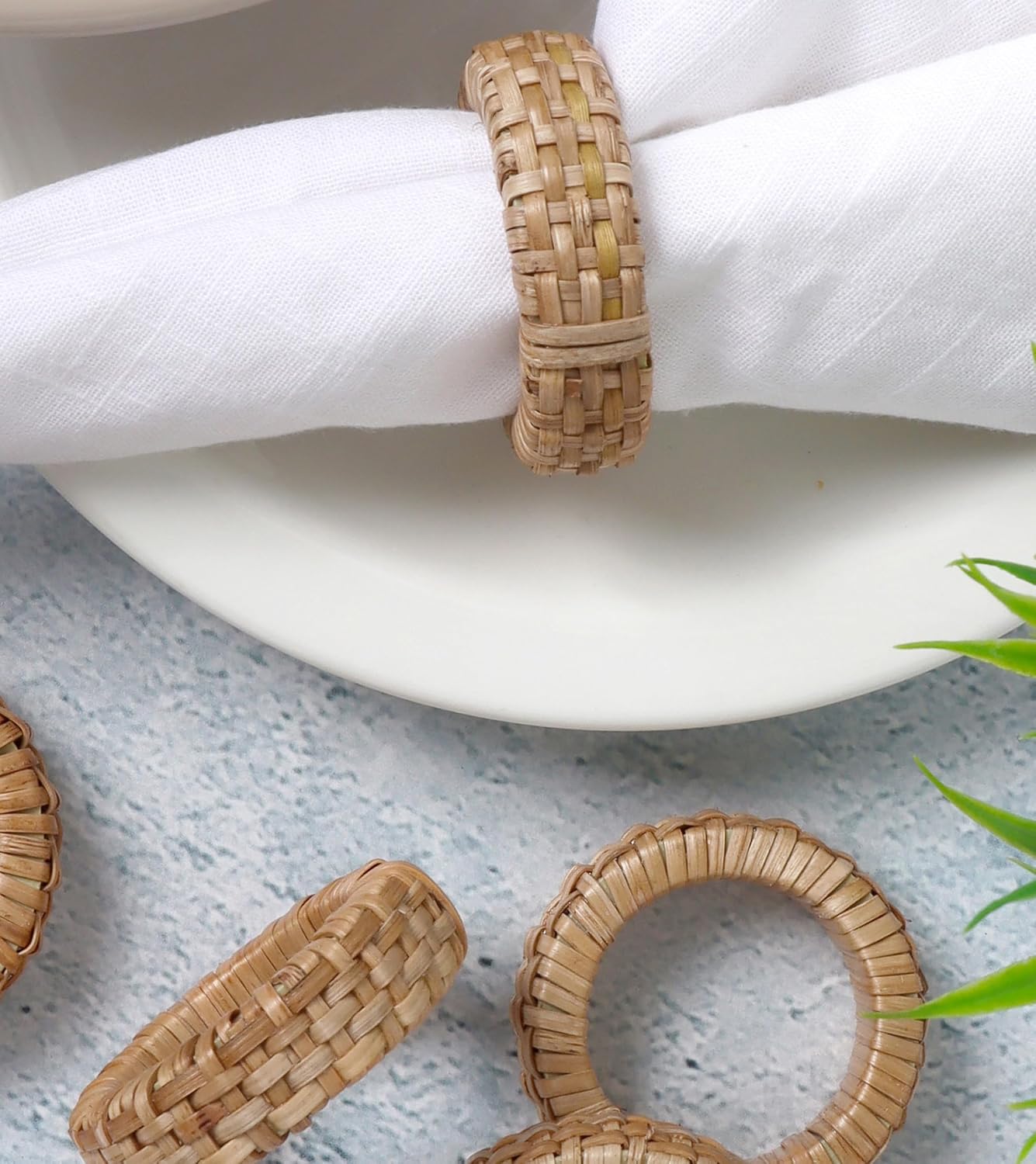 Jute Rattan Napkin Rings, Set of 12, Farmhouse Natural | 2.25x2.25x0.5 in each, plastic & natural cane blend