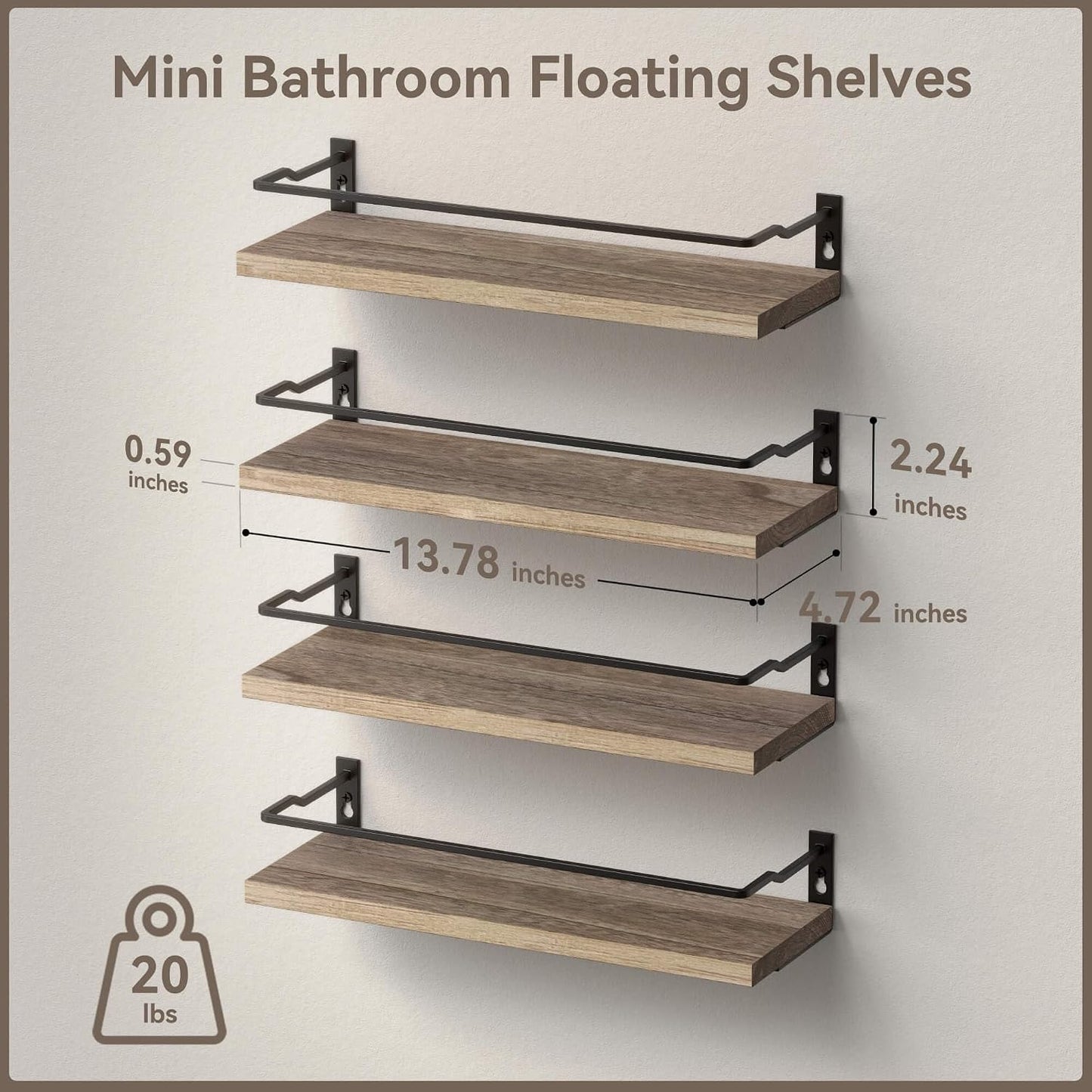 RICHER HOUSE 4-Piece Bathroom Paulownia Wood Shelves Set, Wall Mounted, Protected Guardrail, 20 lbs Weight Capacity