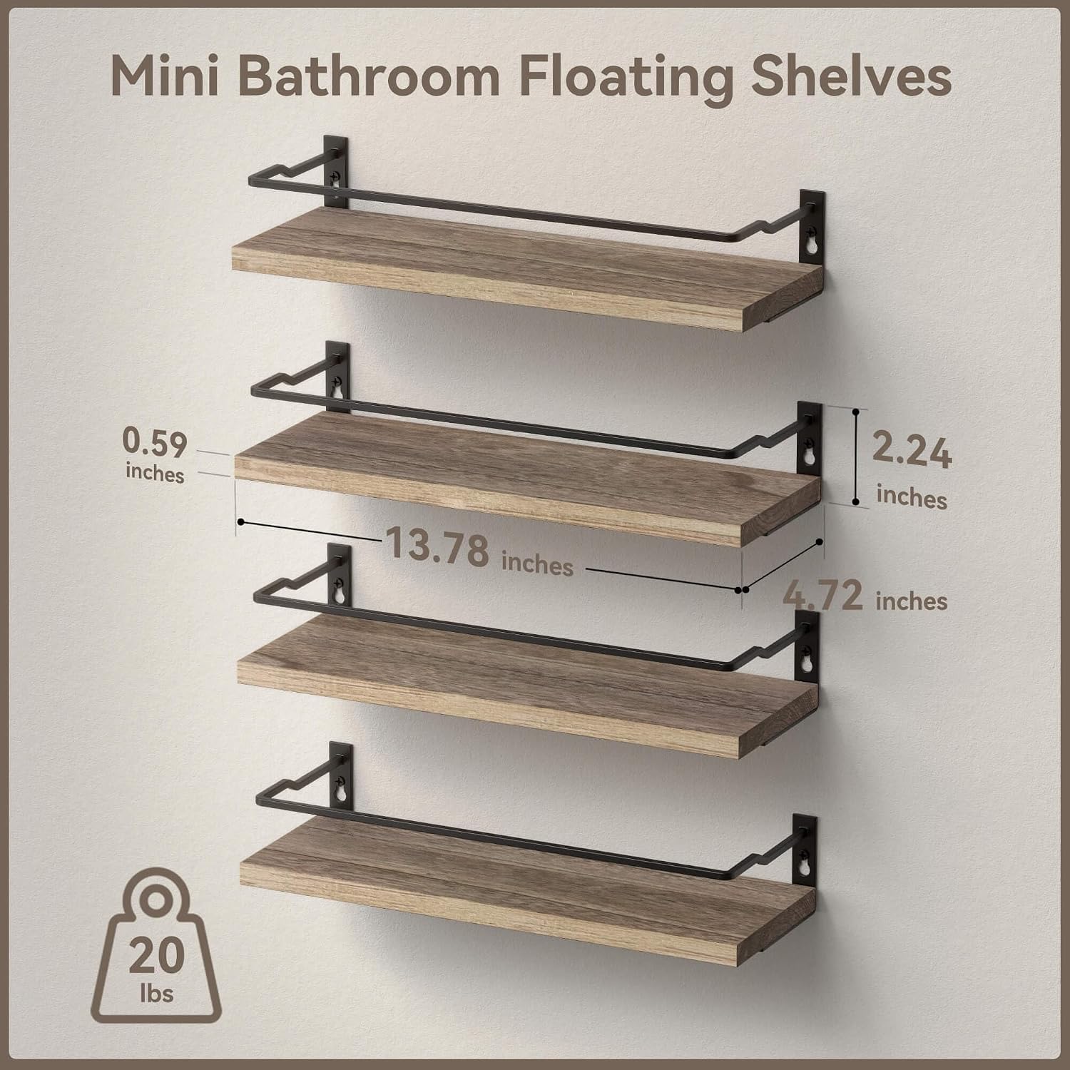 RICHER HOUSE 4-Piece Bathroom Paulownia Wood Shelves Set, Wall Mounted, Protected Guardrail, 20 lbs Weight Capacity