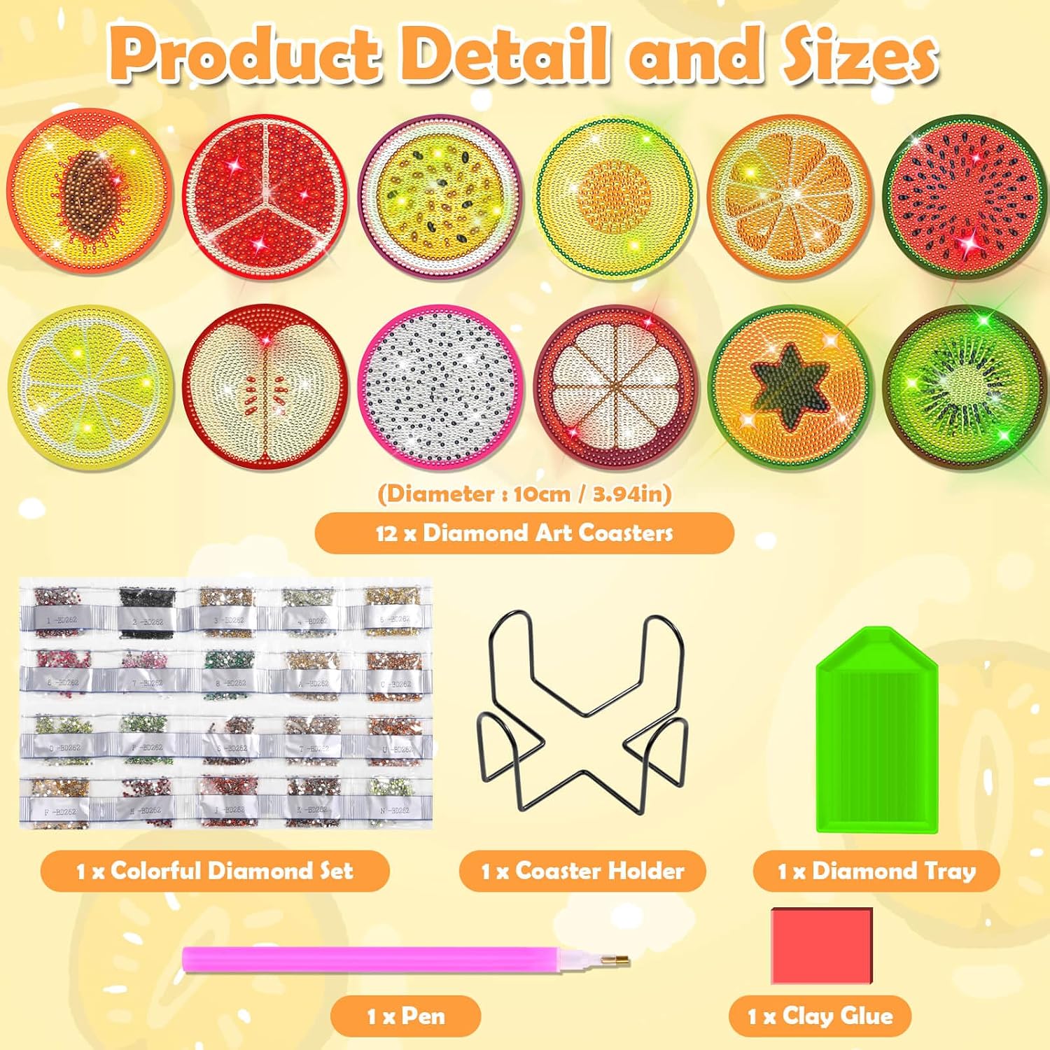 Holder / Diamond Art Coasters / Fruit / Set of 12
