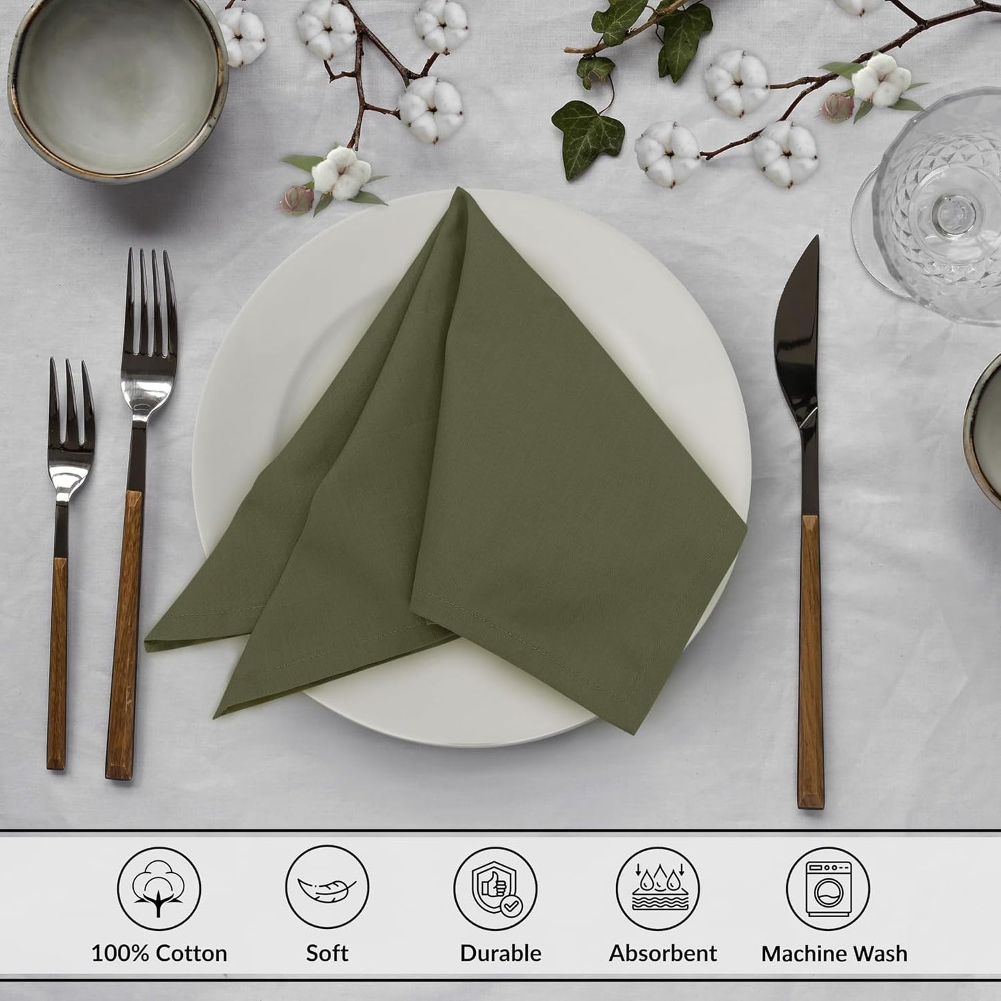 Ruvanti Cloth Napkins Set of 12, 100% Cotton 18”x18” - Capulet Olive | Washable, Soft, Durable & Absorbent Everyday