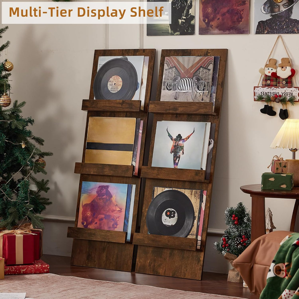 Wall-Leaning Vinyl Record Holder with 3 Tier Display Shelf, 47.5'' Tall Record Storage Magazine Holder, Vinlys Stand