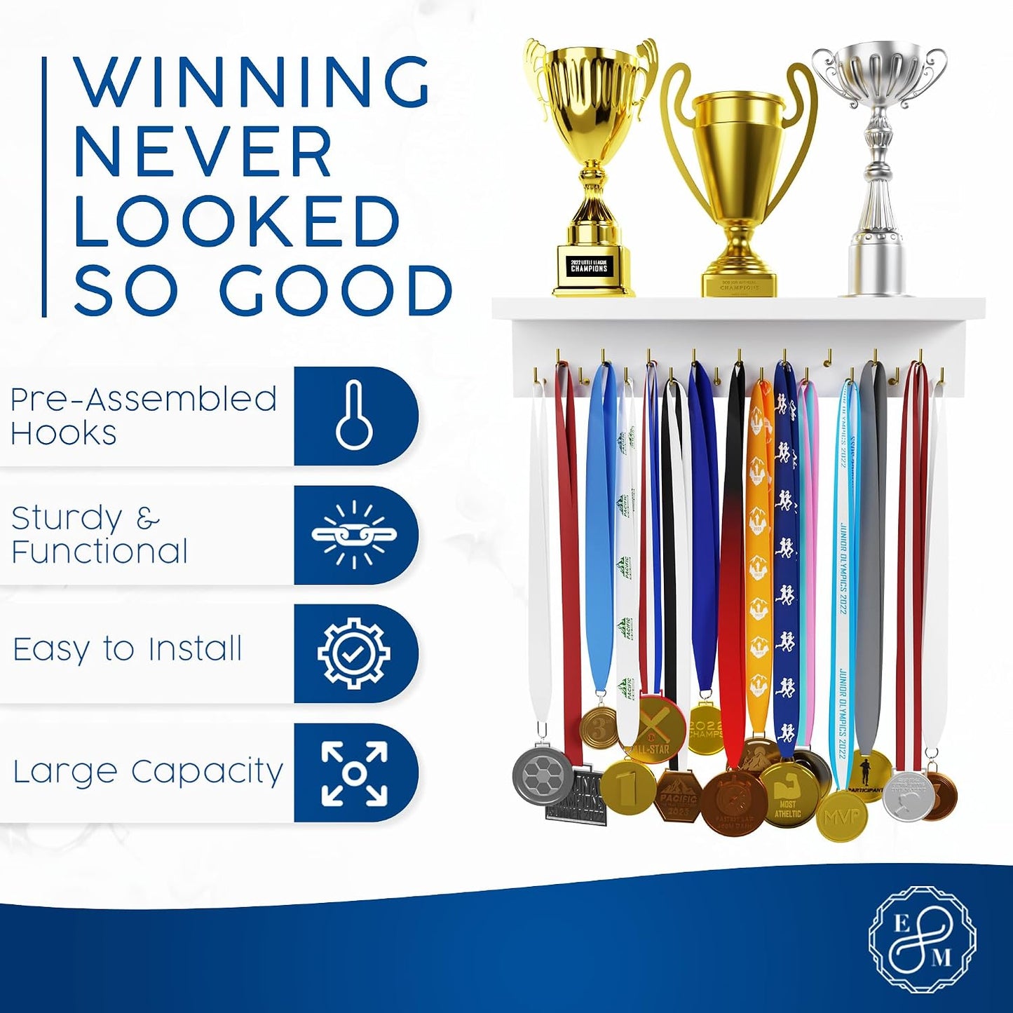 EVERMORE Medal Hanger Display and Trophy Shelf with Hooks - Wooden Medal Holder for Wall Mount Ribbon Display, Trophy