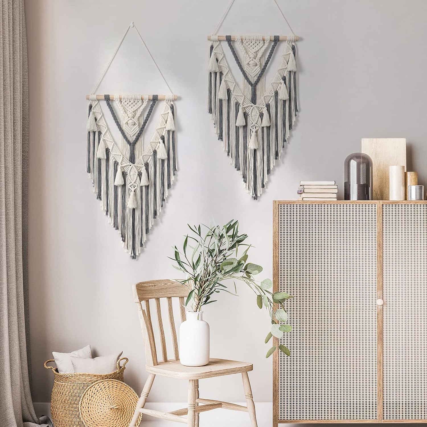 Macrame Woven Wall Hanging Boho Geometric Woven Tapestry Beige & Cotton Handmade Bohemian Art / Grey