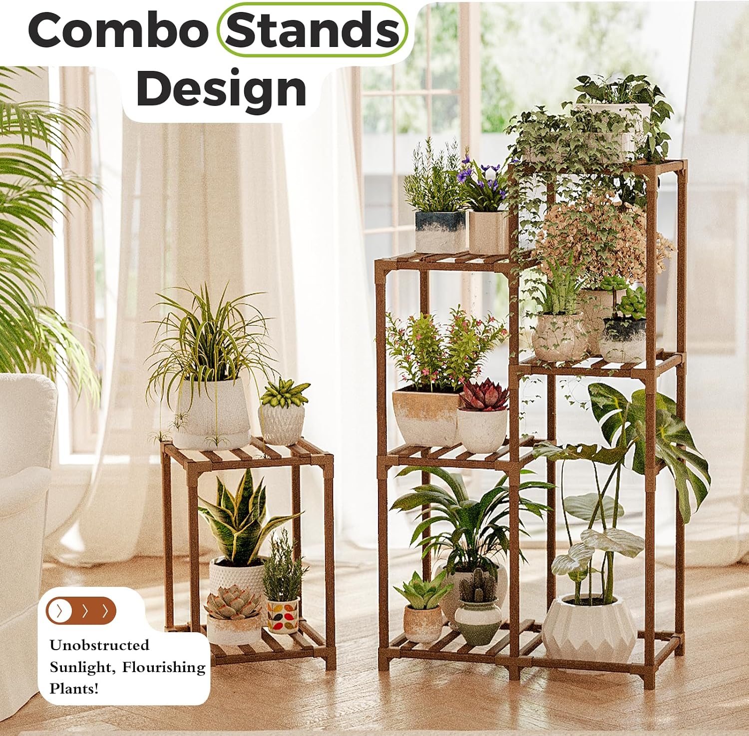 Bamworld Plant Stand Indoor Corner Plant Shelf Wood Plant Holder | for Multiple Plants Tall Flower Stands Plants Table