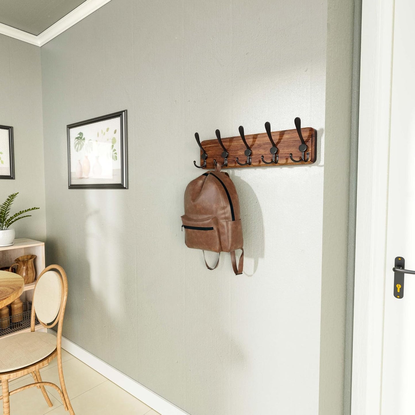 Rustic Wall Mounted Coat Rack / 1 Item-5 Hooks / Brown Plate & Black Hook