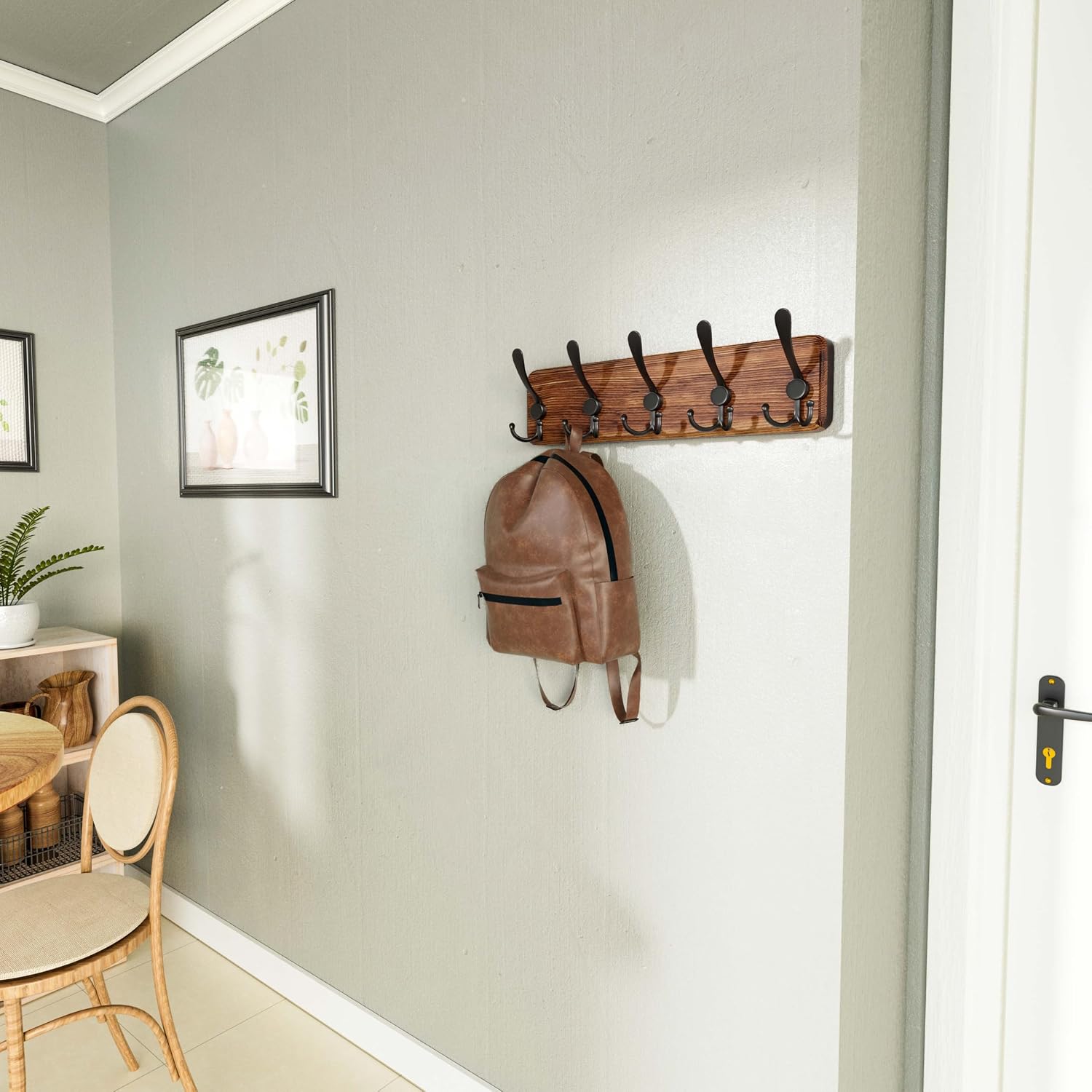Rustic Wall Mounted Coat Rack / 1 Item-5 Hooks / Brown Plate & Black Hook