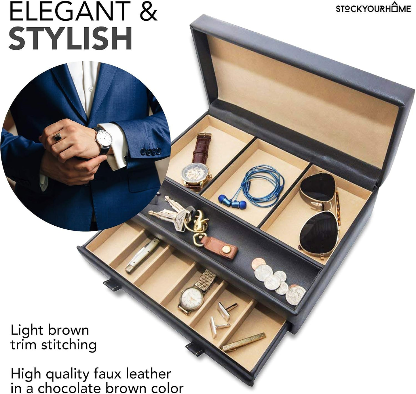 Stock Your Home Mens Valet Tray, Men's Jewelry Box, Night Stand Organizers and Storage, Bedside Table Organizer, Watch