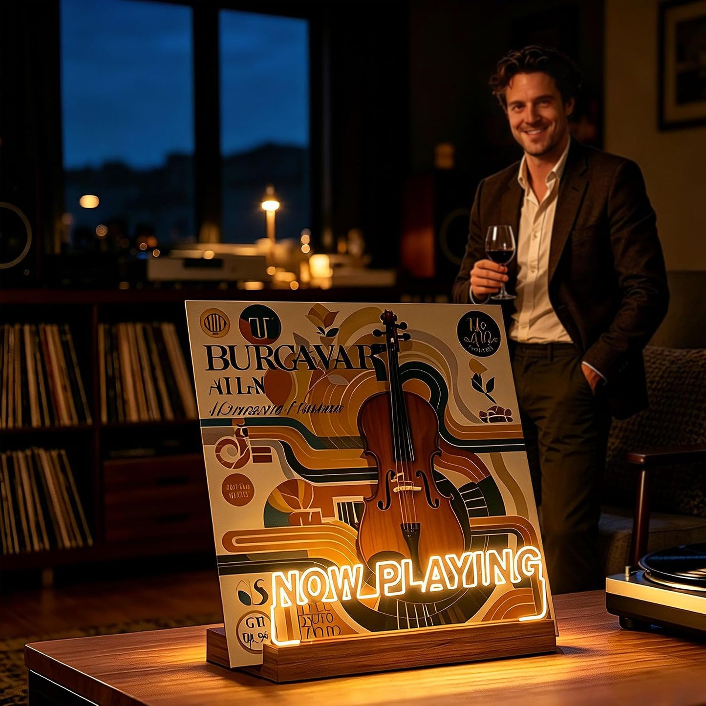 YuanDian Now Playing Vinyl Record Stand, Light up Display Holder for Vinyl Records, Wooden Acrylic Holder with Warm
