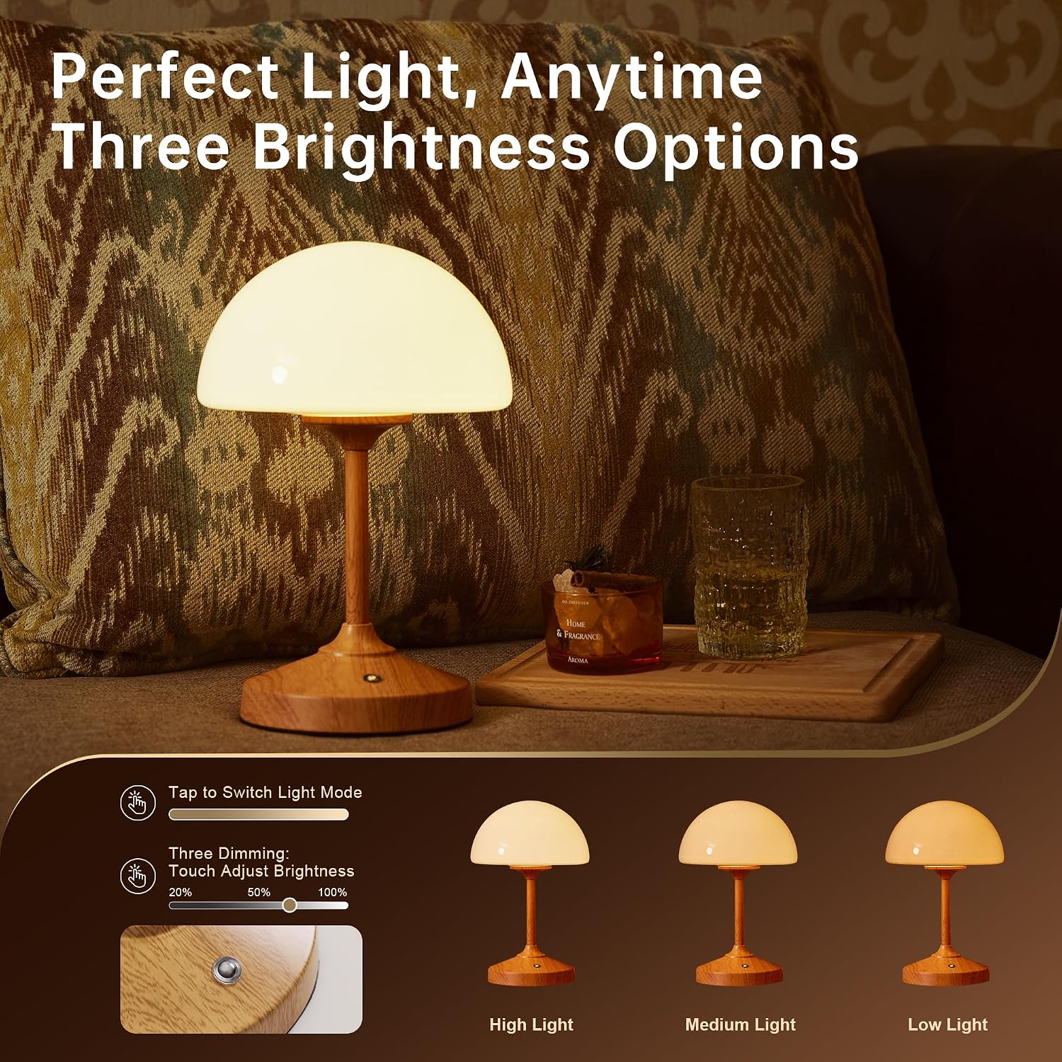Mushroom Lamp Cordless Lamp Table Lamp,Outdoor Waterproof Shower Lamps,5000mAh Rechargeble Battery Operated Dimmable