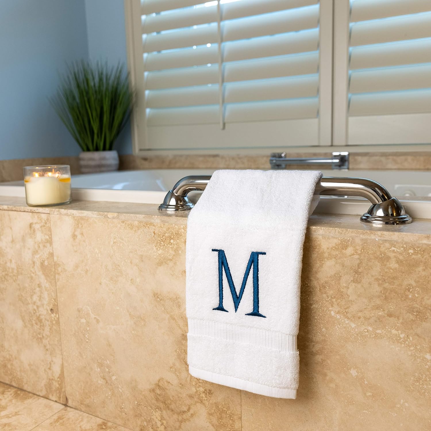 White with Navy Monogrammed Hand Towels for Bathroom - Set of 2 Letter M | Luxury Hotel Quality Initial Towels For