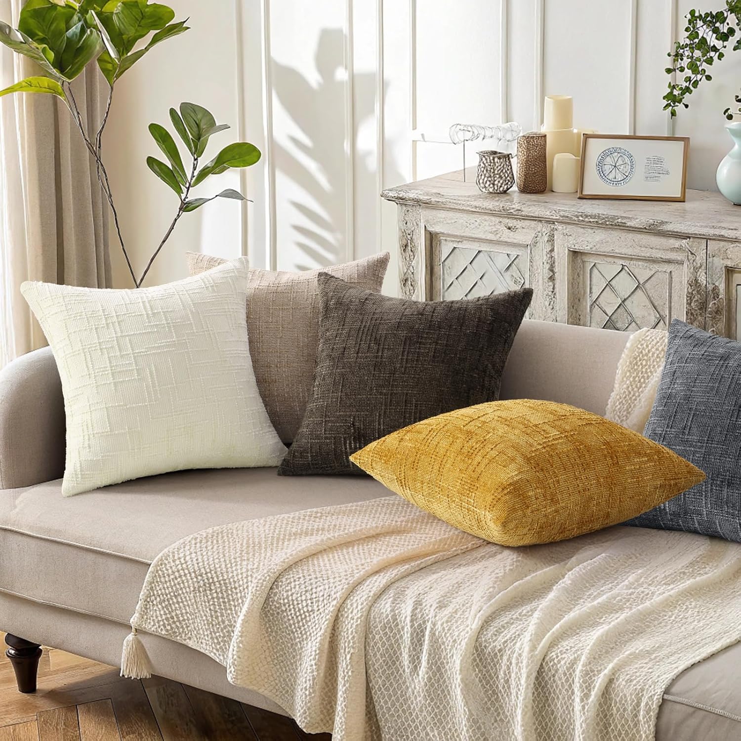 Fall Chenille Throw Pillow Covers Textured Soft Slubby Couch Pillow / Oatmeal / 18 x 18 / Set of 2