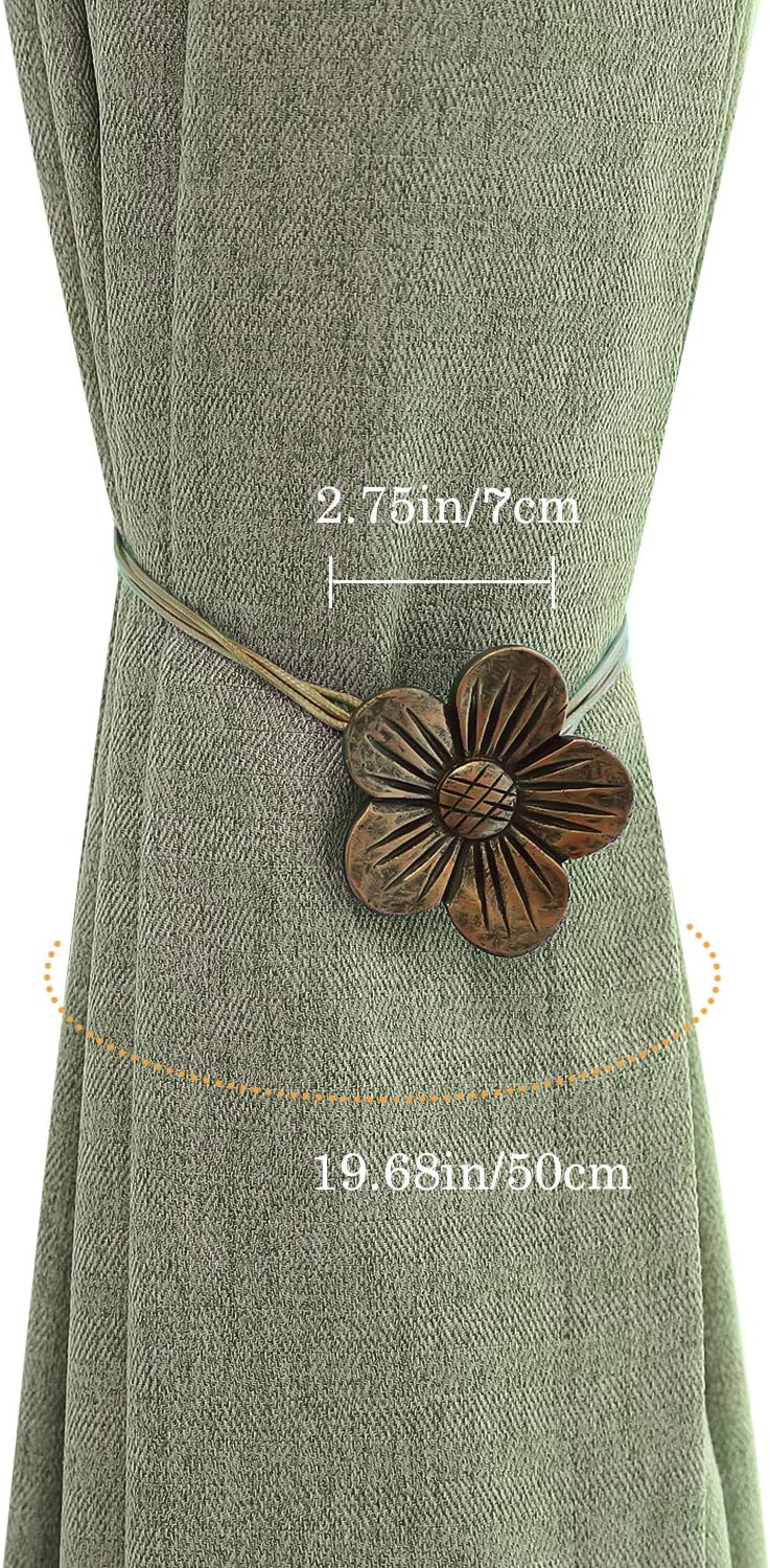 Lewondr Magnetic Curtain Tiebacks, Flower Vintage Curtain Holdbacks, Coffee | 2 Pairs, Resin Curtain Ties with Rope