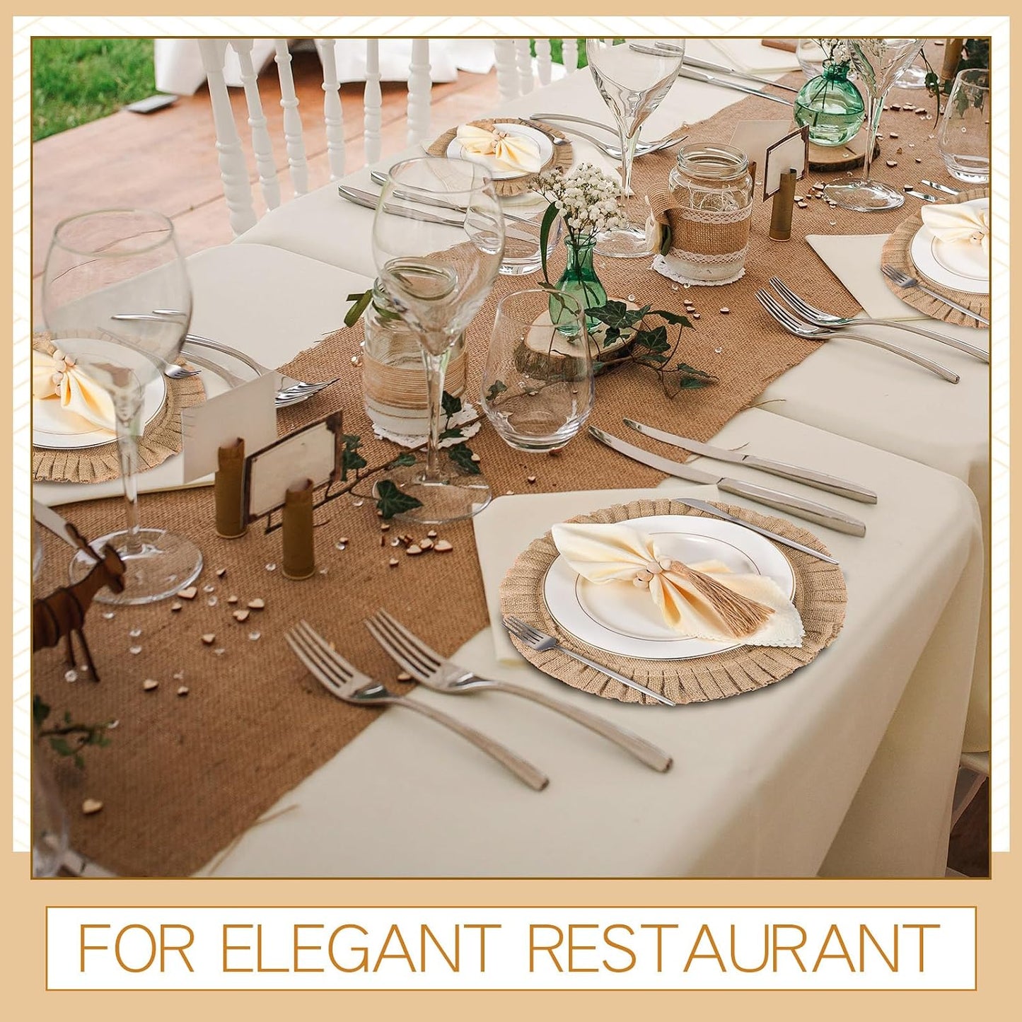 Gejoy 18 Pcs Burlap Placemat Wood Napkin Ring Dinner Napkin, Natural | Round Heat Resistant Jute Mats Wooden Bead