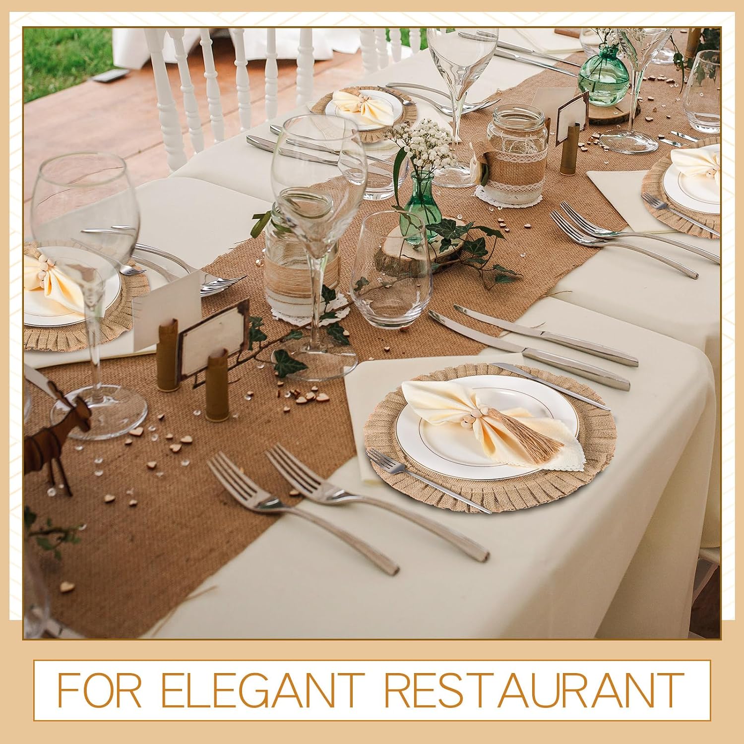 Gejoy 18 Pcs Burlap Placemat Wood Napkin Ring Dinner Napkin, Natural | Round Heat Resistant Jute Mats Wooden Bead