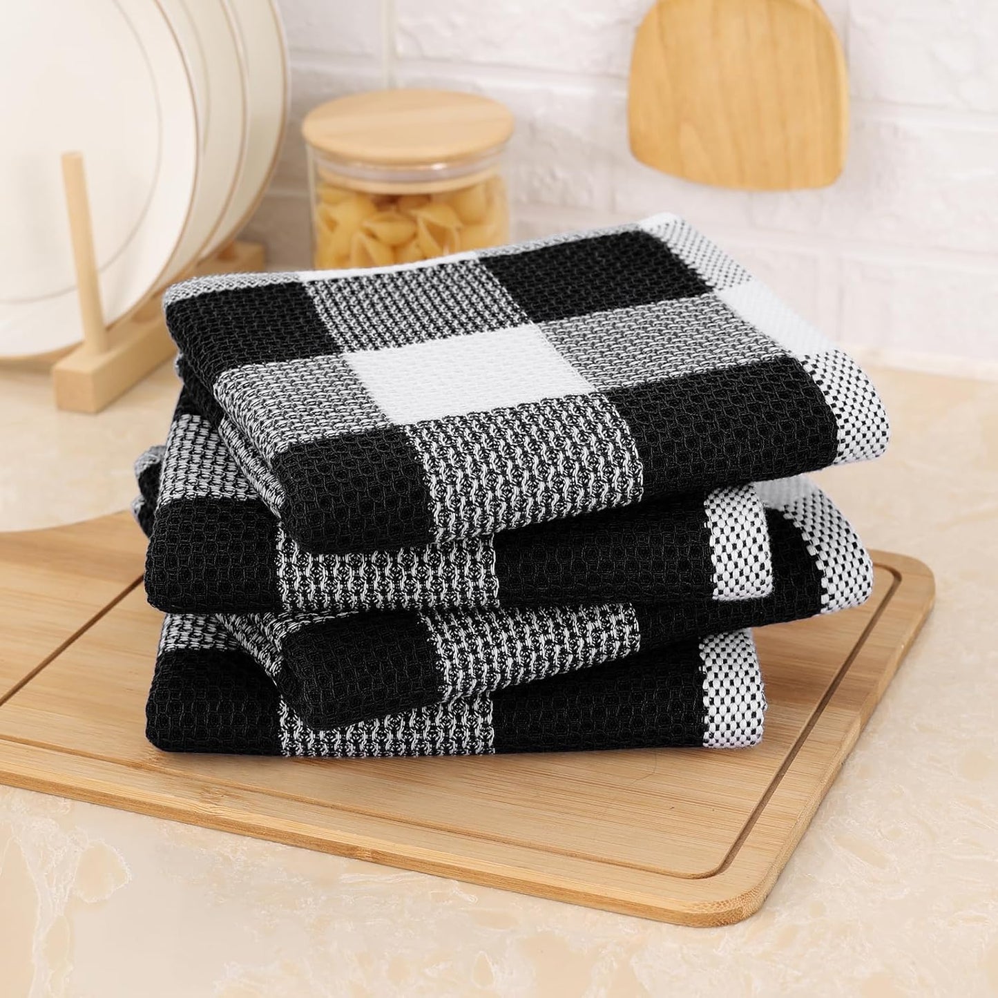 Mordimy Cotton Waffle Kitchen Towels, 13"x 28", 8 Pack, Black & White | Super Soft and Absorbent Buffalo Check, Durable