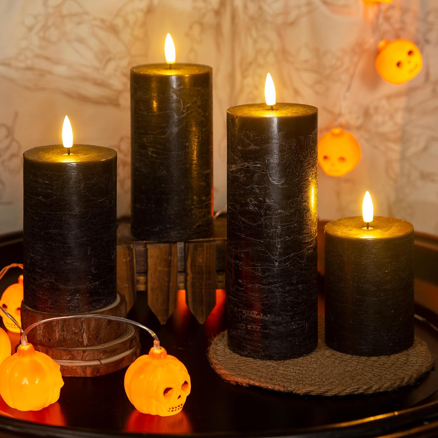LUSHARBOR Halloween Flameless Candles, 4 Pack Battery Operated Halloween Candles with Remote, Wax LED Fake Pillar