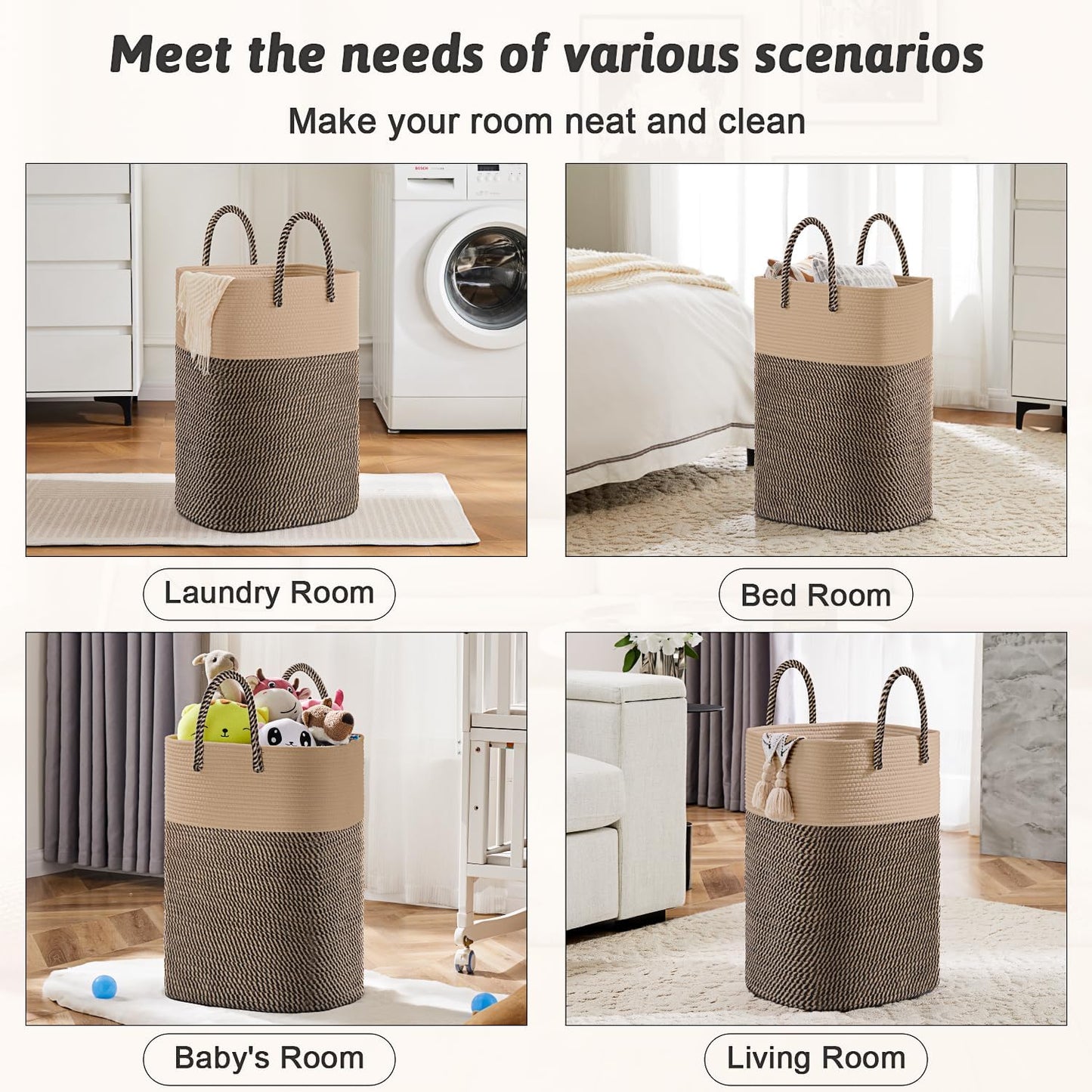 Laundry Basket / Woven Cotton Rope Laundry Hamper / 60L / Jute