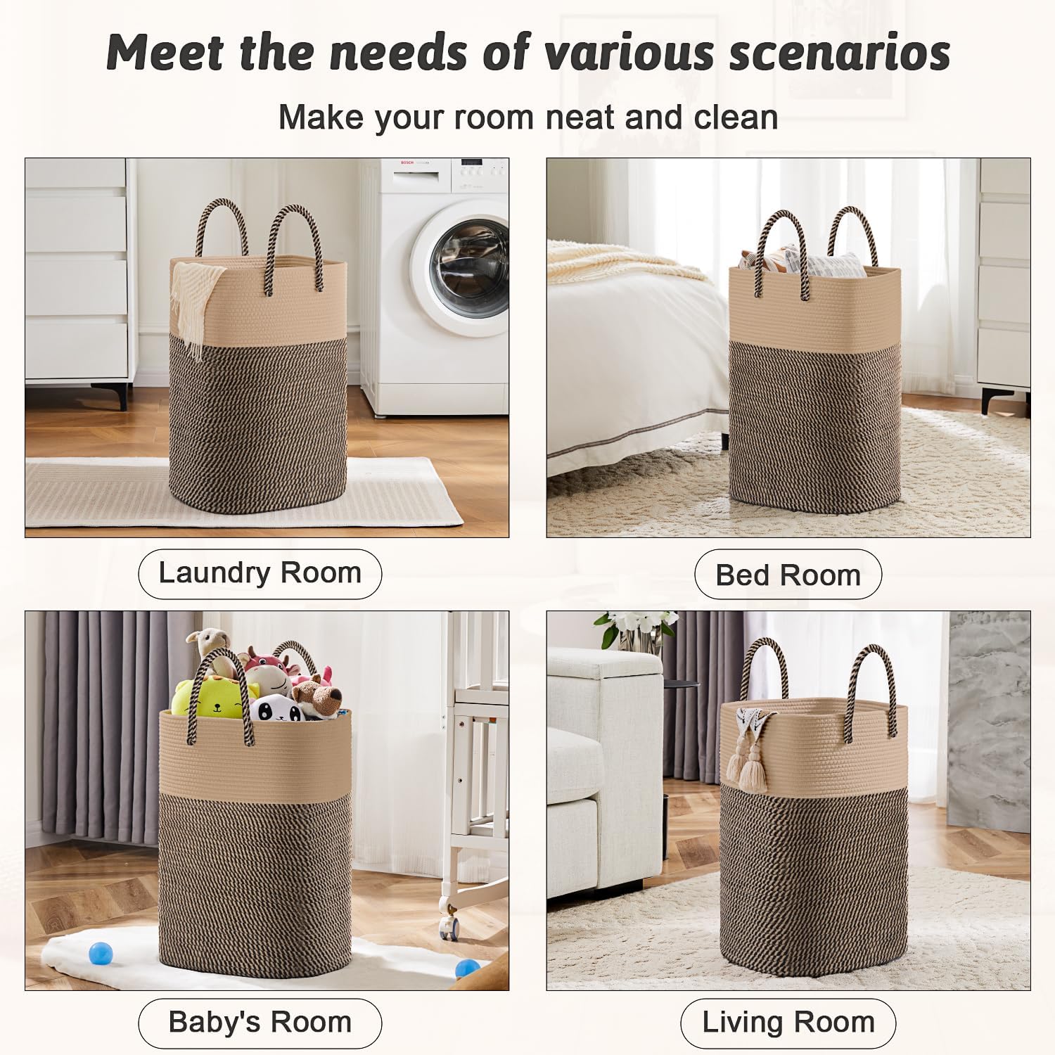 Laundry Basket / Woven Cotton Rope Laundry Hamper / 60L / Jute
