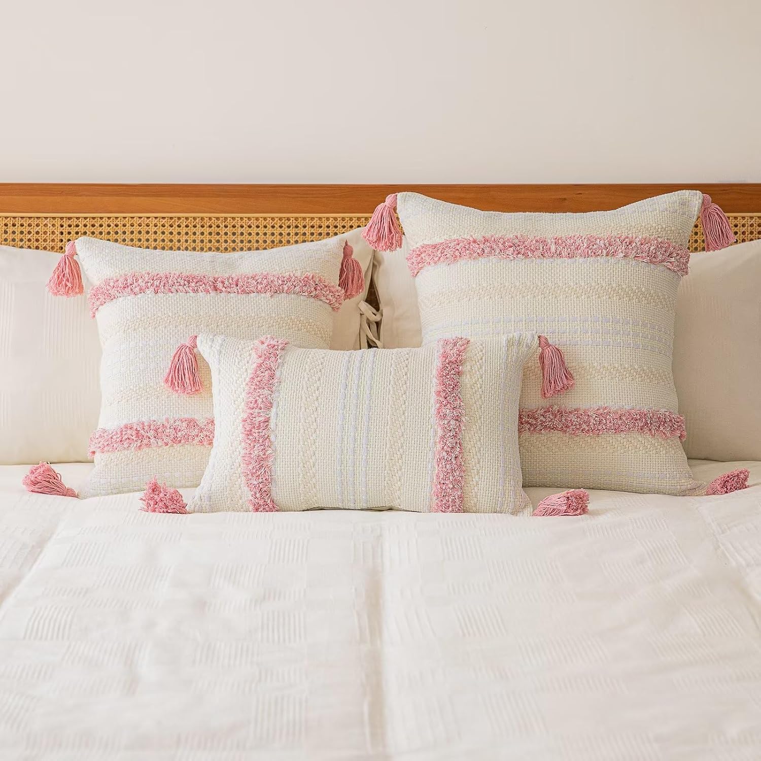 Boho Throw Pillow Covers Woven Tufted Farmhouse Pillows Cover / Pink / 20 x 12 / Set of 2