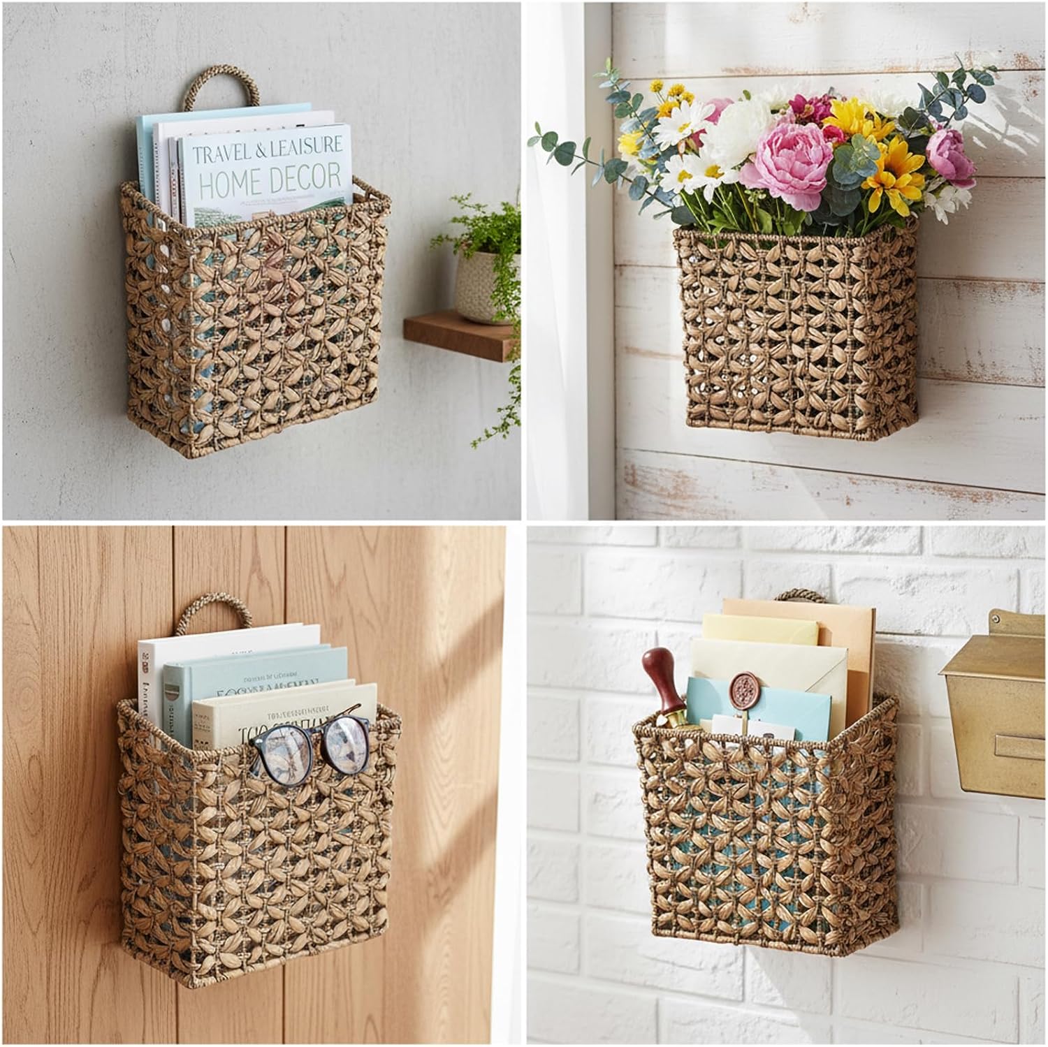 Magazine Holder Metal Frame Woven Wall Basket Hanging Magazine Storage Mail Organizer Rack