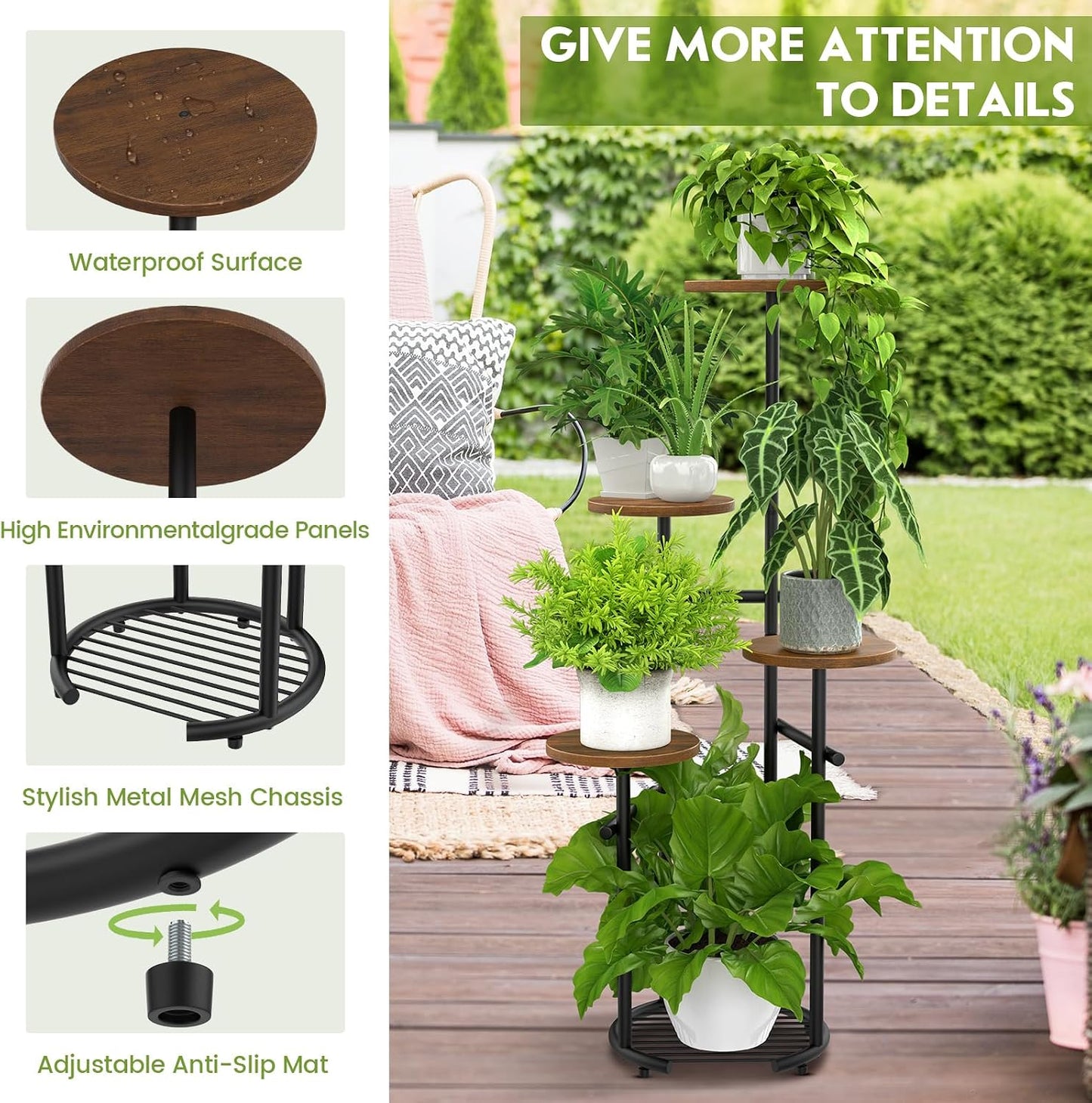 TOSKING 5-Tier Round Wood Corner Plant Stand Indoor, Anti-Tip, Brown&Black | 42-Inch Height, Space-Saving Design