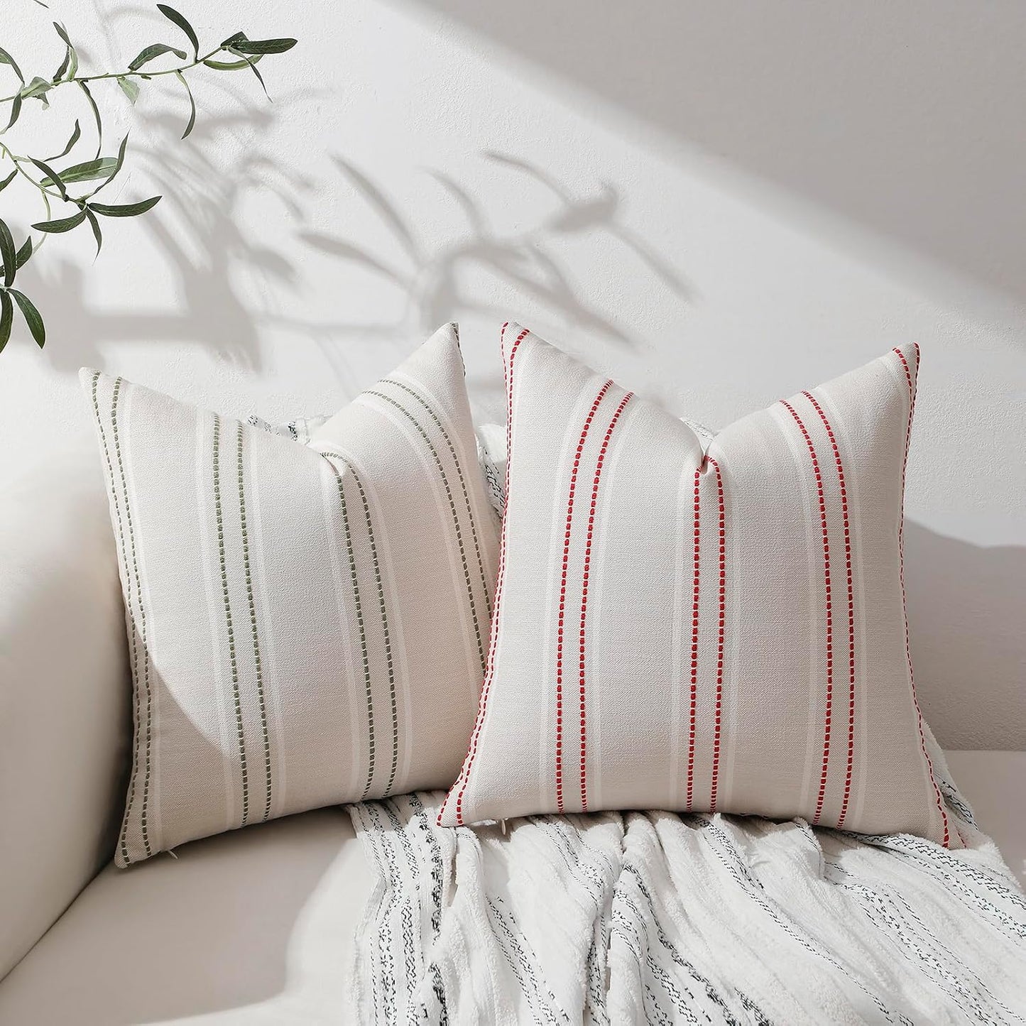Spring Decorative Pillow Covers Striped Throw Pillows Textured Linen / Green / 18 x 18 / Set of 2