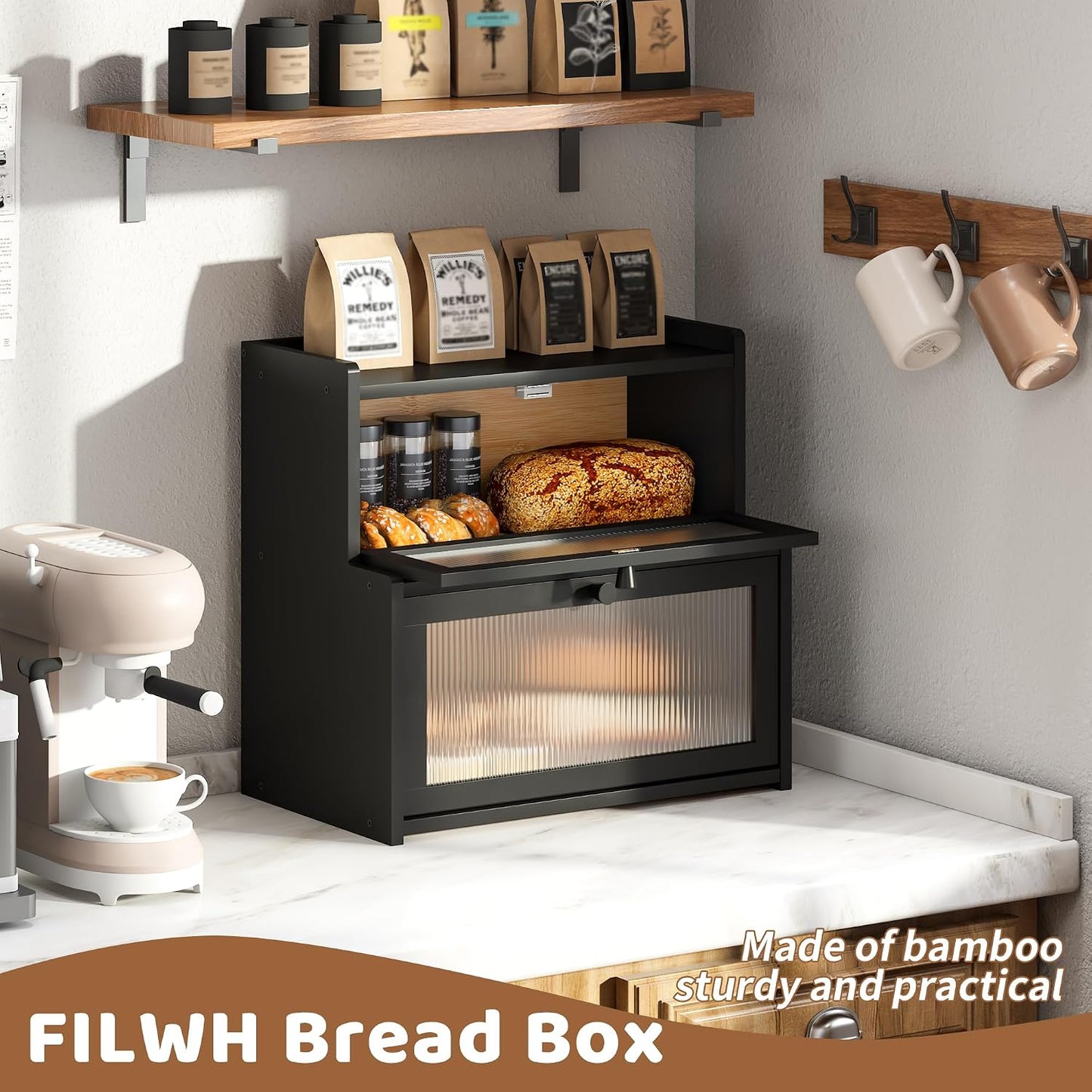 Bread Box for Kitchen Countertop Double Layer Large Corner Bread Box Capacity Bread Storage Bin Farmhouse Breadbox