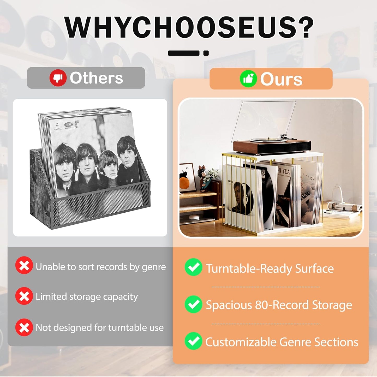 Emfogo Vinyl Record Storage, Metal & Wooden Vinyl Record Holder Up to 80 Album, 3-Compartment Record Player Stand for