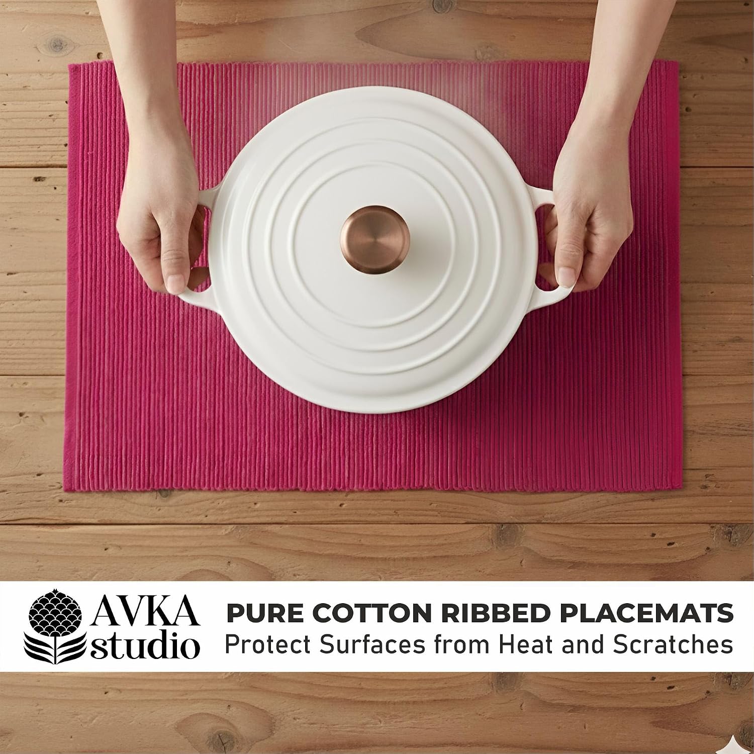 100% Cotton Ribbed Placemats - Set of 4-13 x 19 Inches - Fuchsia/Bright Pink - Everyday Basic Fabric Table Mats - Thick