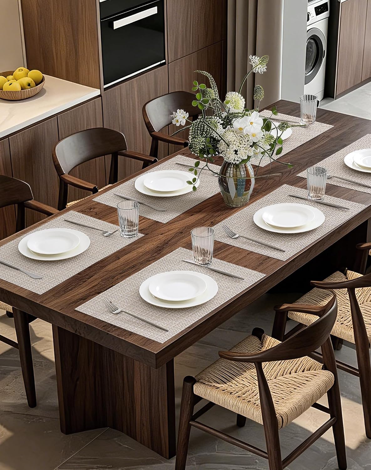 Leetaltree Woven Vinyl Placemats Set of 12, Beige | High Density, Basketweave Woven, Stain Resistant, Easy to Clean