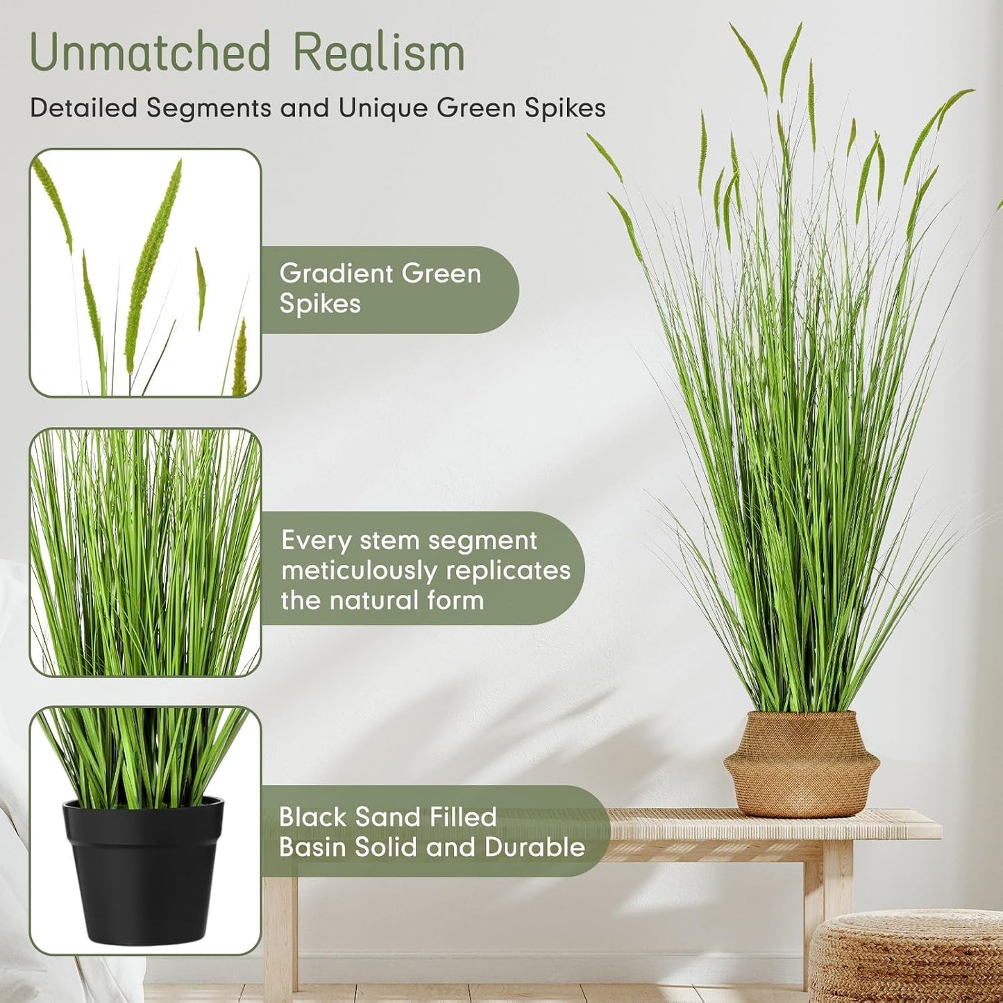 Tall Artificial Grass Plants Fake Horsetail Reed Grass Plant / 4 Ft / Green Spikes / Set of 2