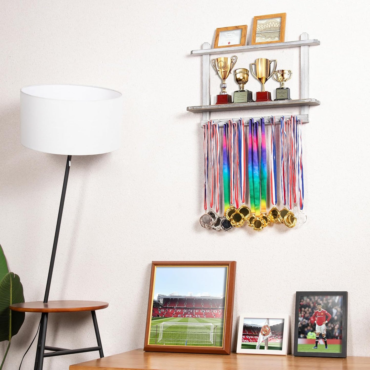 LAVIEVERT Wooden Medal Hanger & Trophy Shelf, Wall-Mounted Race Display with 2 Tier Storage Shelf and 19 Hanging Bars