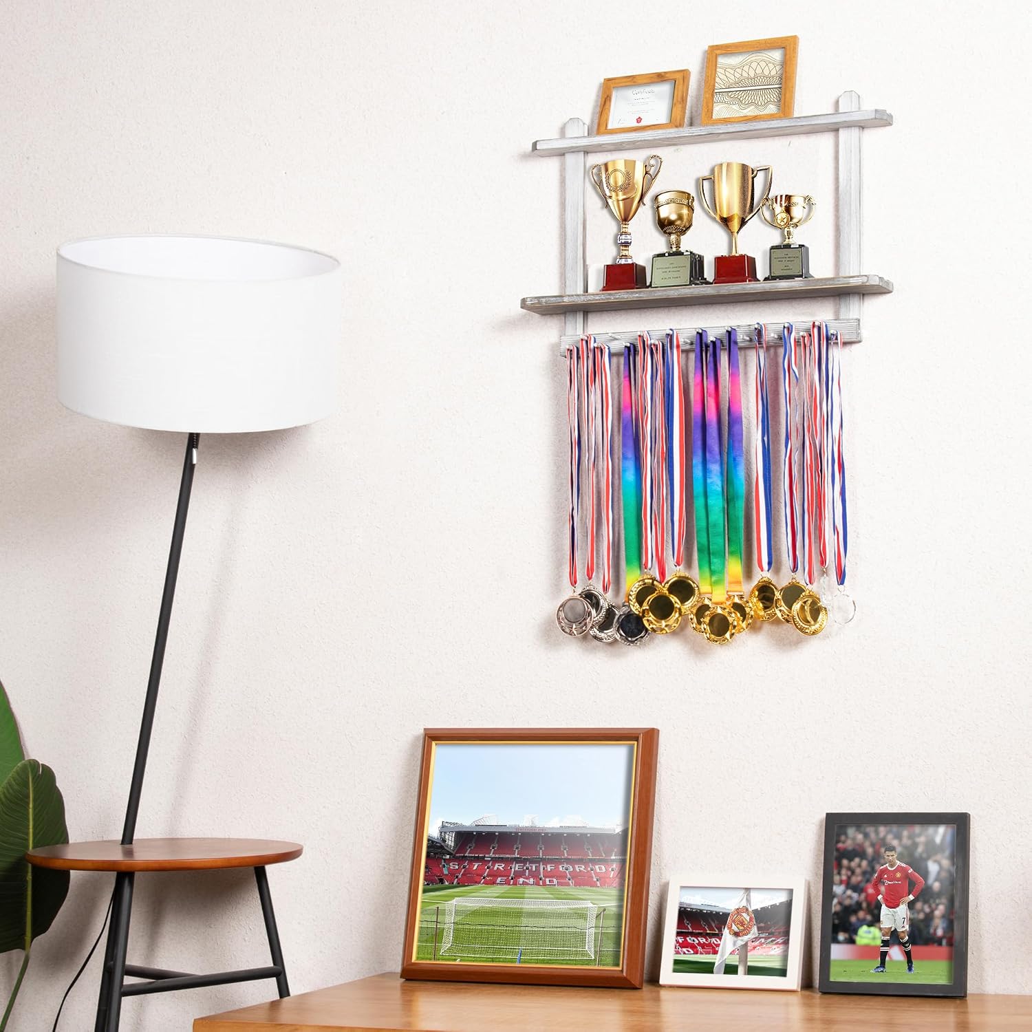 LAVIEVERT Wooden Medal Hanger & Trophy Shelf, Wall-Mounted Race Display with 2 Tier Storage Shelf and 19 Hanging Bars