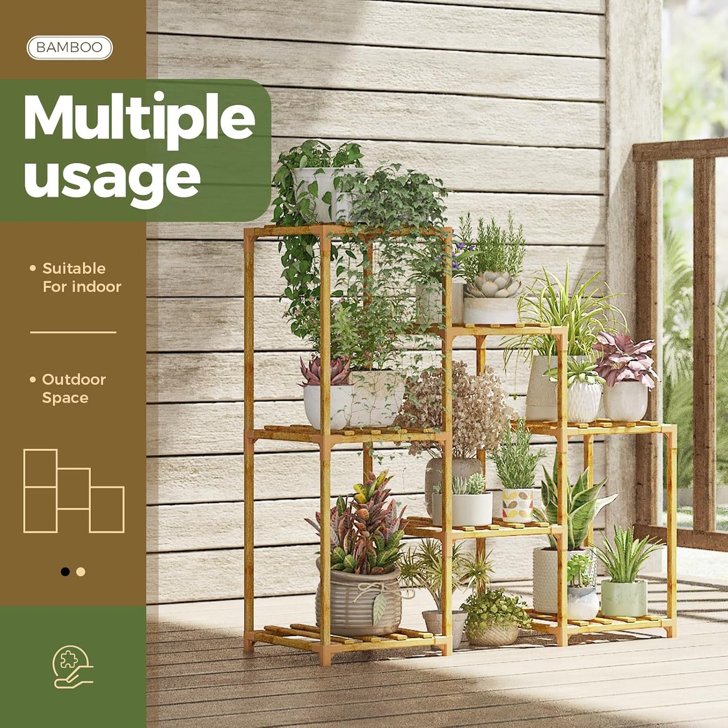 Bamworld Bamboo Plant Stand Indoor Boho Plant Shelf Tiered Plant Rack | for Multiple Plants 3 Tiers 7 Pots Ladder Plant