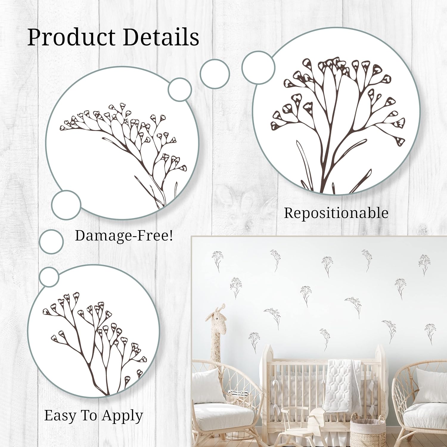 Floral Wall Decals / Floral Stems / Brown / Set of 12