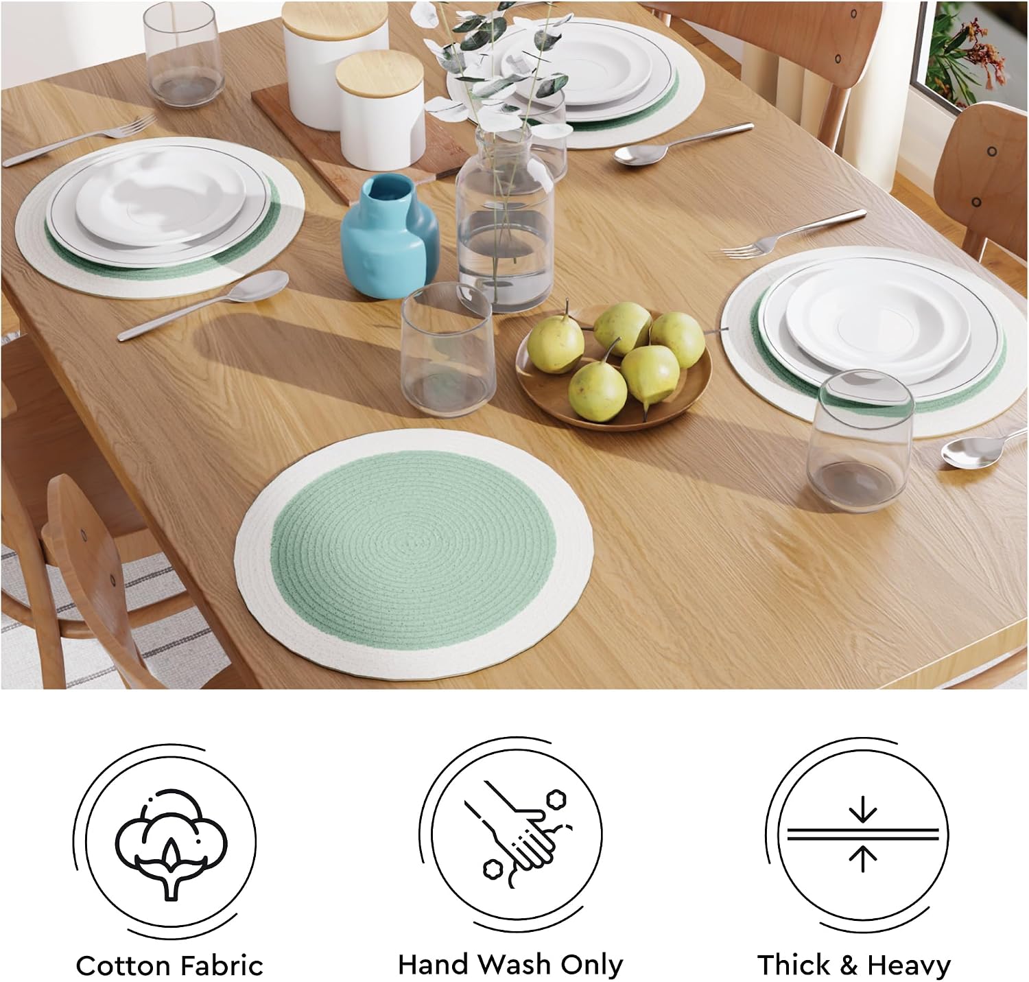 Encasa XO Placemats, Round Cotton Dining Table Mats 13" | Sage & Off White, Handcrafted Ribbed Texture | Heat Resistant