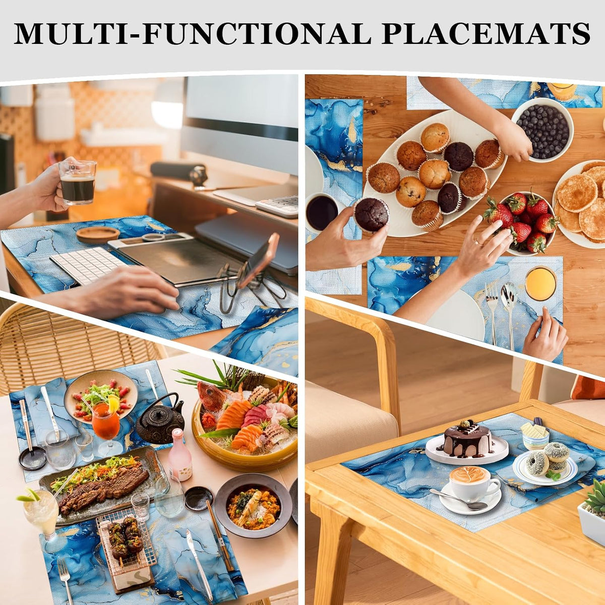 Mcalk 4 Each Blue Marble Placemats and Cloth Napkins Set of 8, Modern Art Placemat, Marble Print Cloth Napkin for Home
