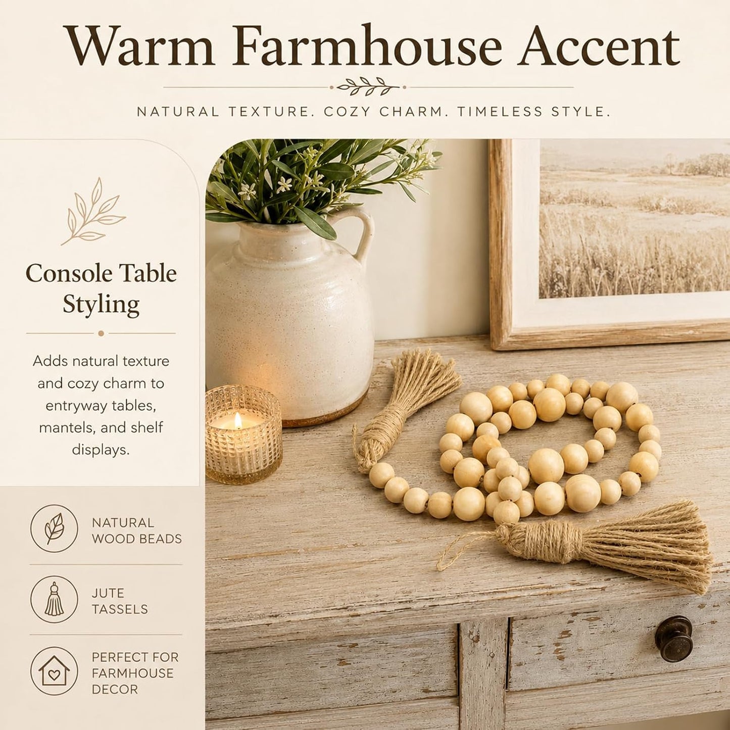 Wood Bead Garland / Natural / 49.6 Inch