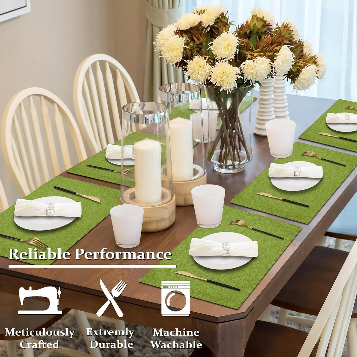 Cloth Placemats Set of 6, Cotton Linen Blend Place Mats, Grass Green | Machine Washable, Double Layered, Heat