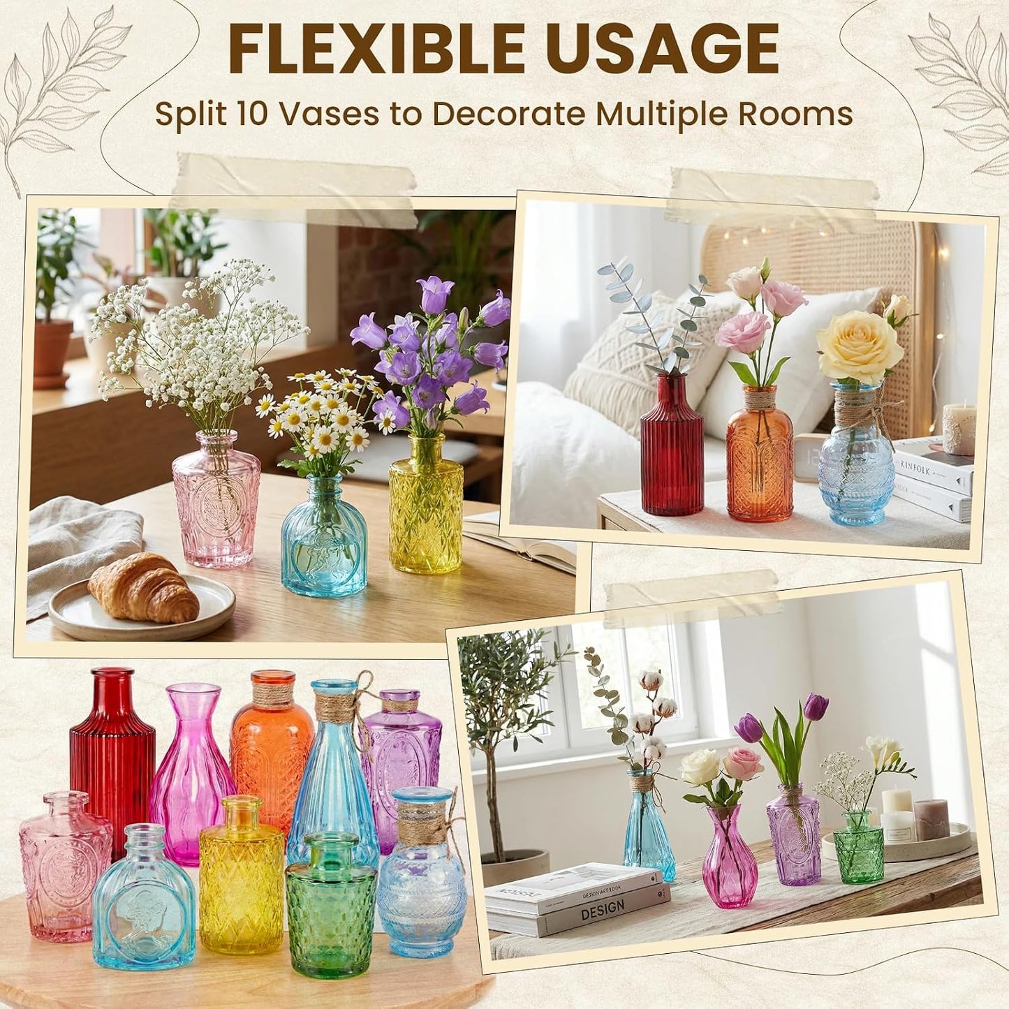 Colored Glass Bud Vase Set / Colorful / Set of 10