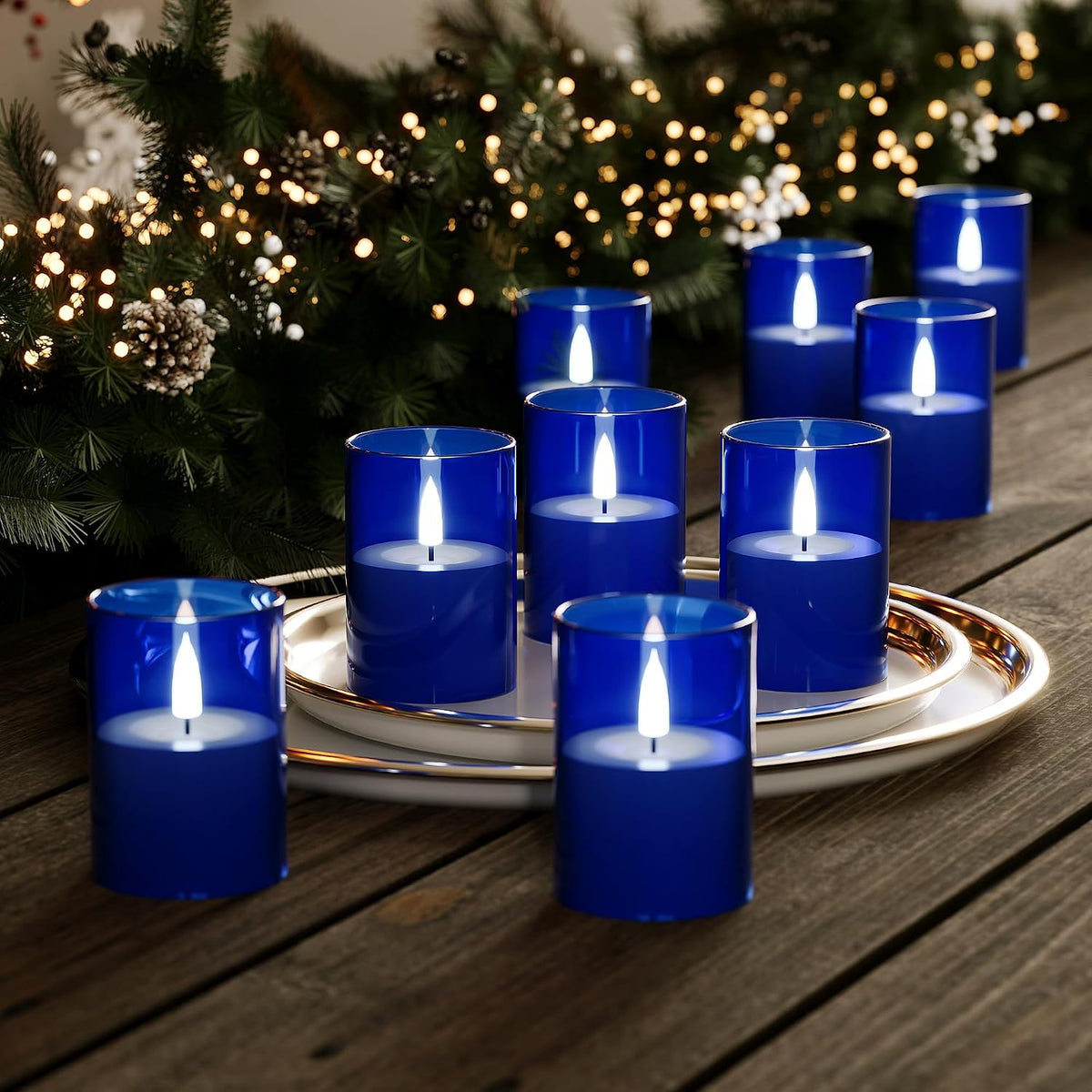 12Pack Flameless LED Candles with Timer, Battery Operated, Blue, 2"x3" | Small Pillar & Votive Candle with Realistic