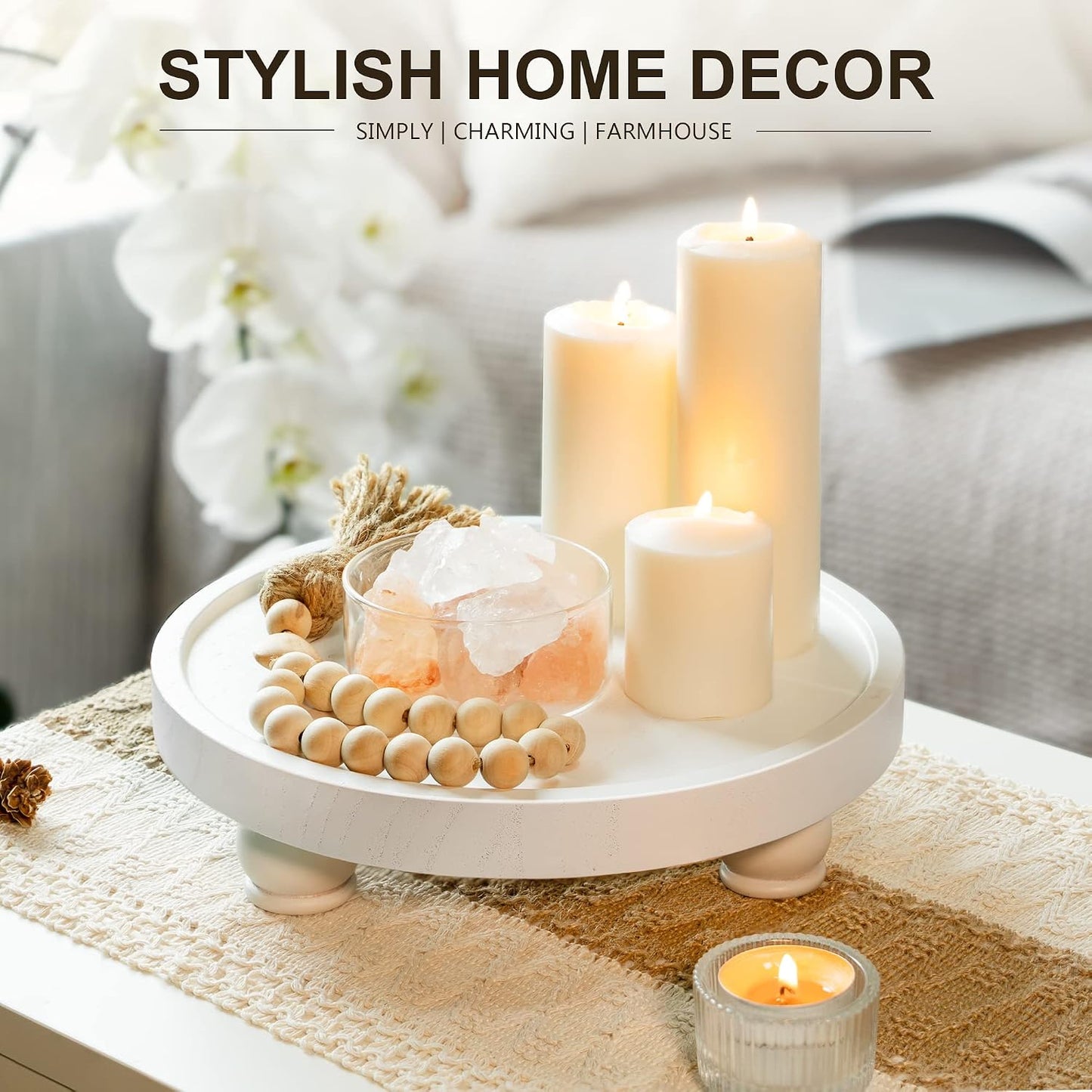 EOSAHR Wood Display Riser: Pedestal Stand for Bathroom Boho Decor, White | 10" Round Display Stand, Risers for Decor