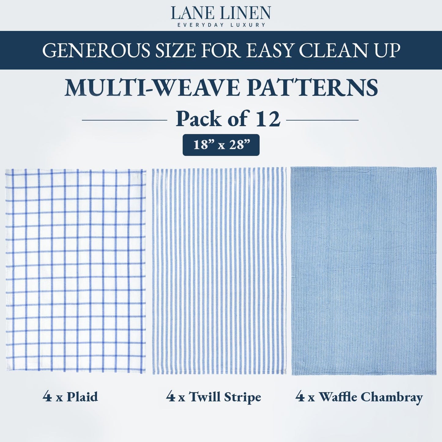 LANE LINEN Dish Towels Set of 12-18” x 28” Soft, Absorbent Cotton Kitchen Towels, Quick-Drying Tea & Hand Towels