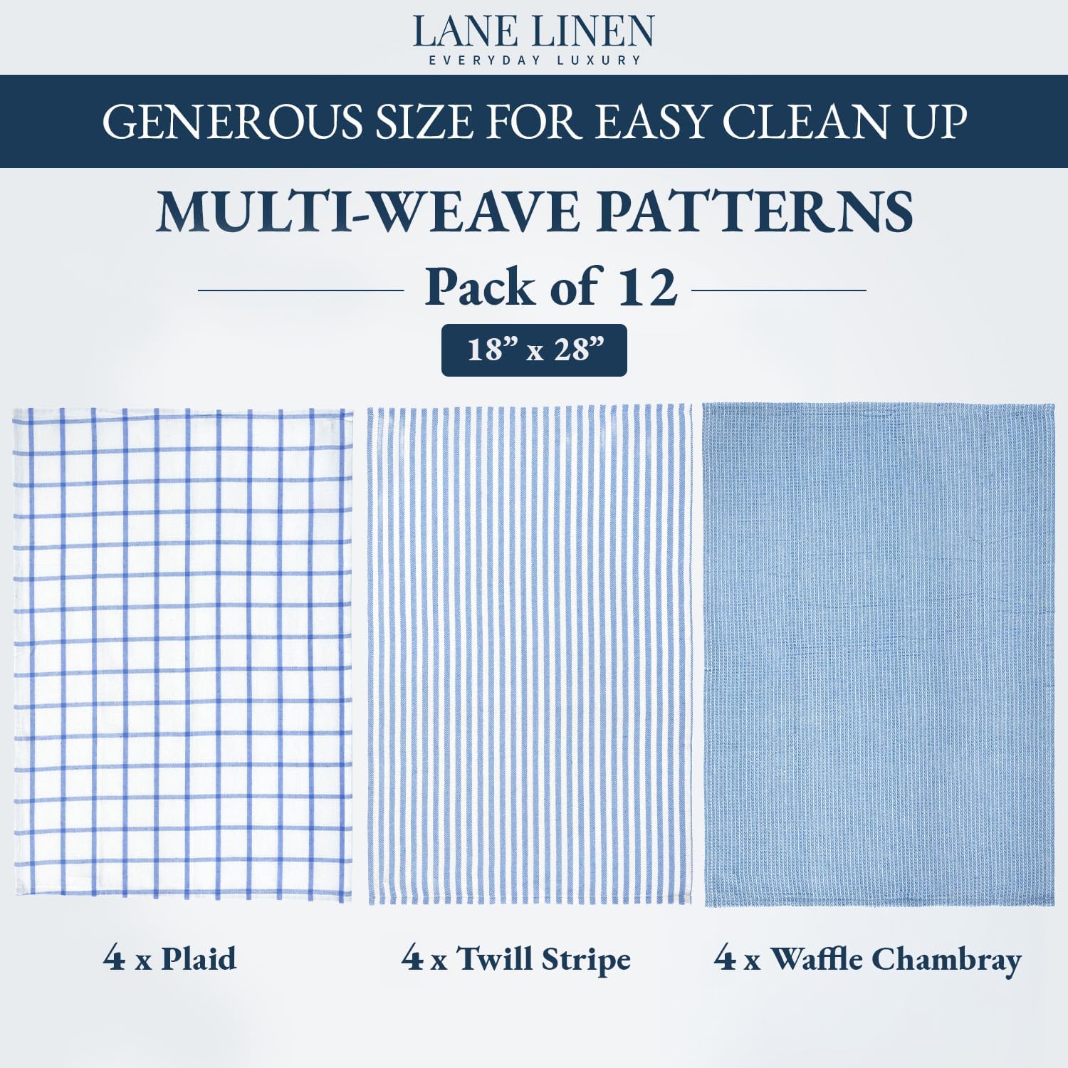 LANE LINEN Dish Towels Set of 12-18” x 28” Soft, Absorbent Cotton Kitchen Towels, Quick-Drying Tea & Hand Towels