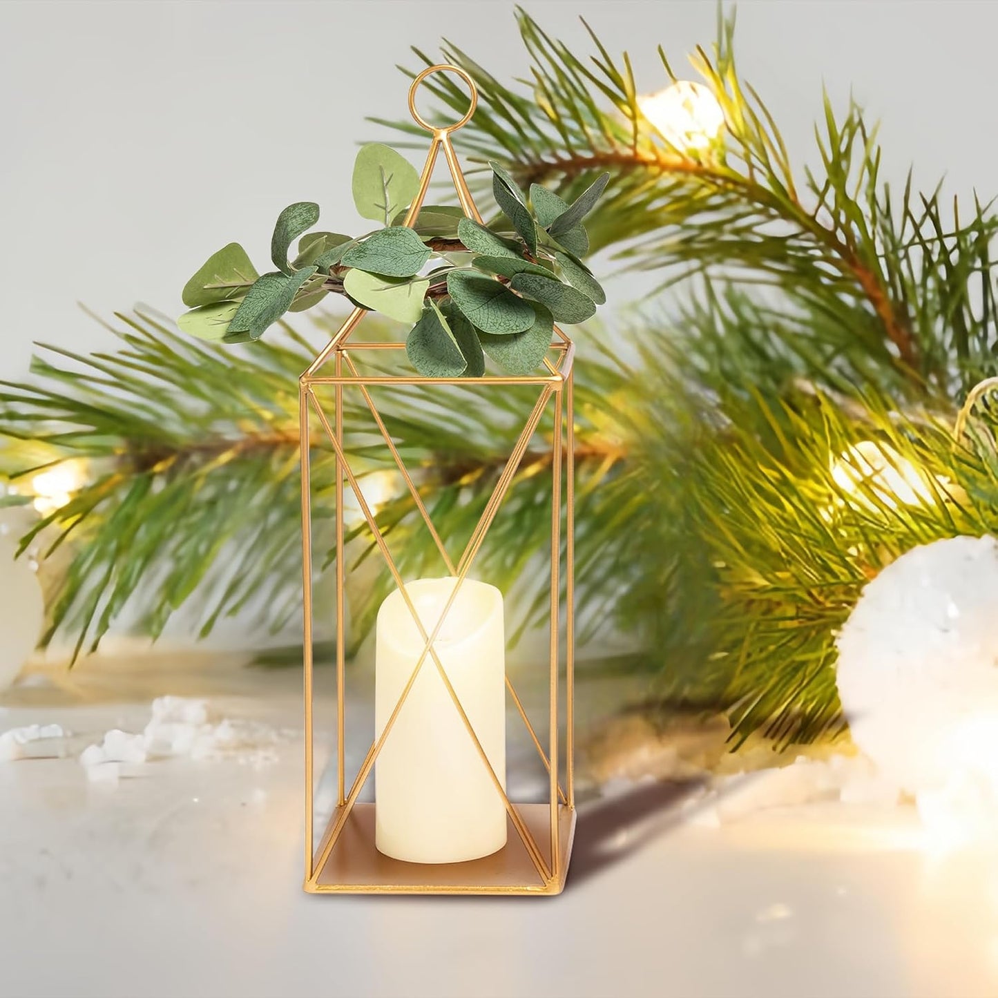 HPC Decor Tall Metal Lantern Decor Set of 3-24" 19" 13" Elegant Decorative Lanterns with Garlands-Modern Gold Candle