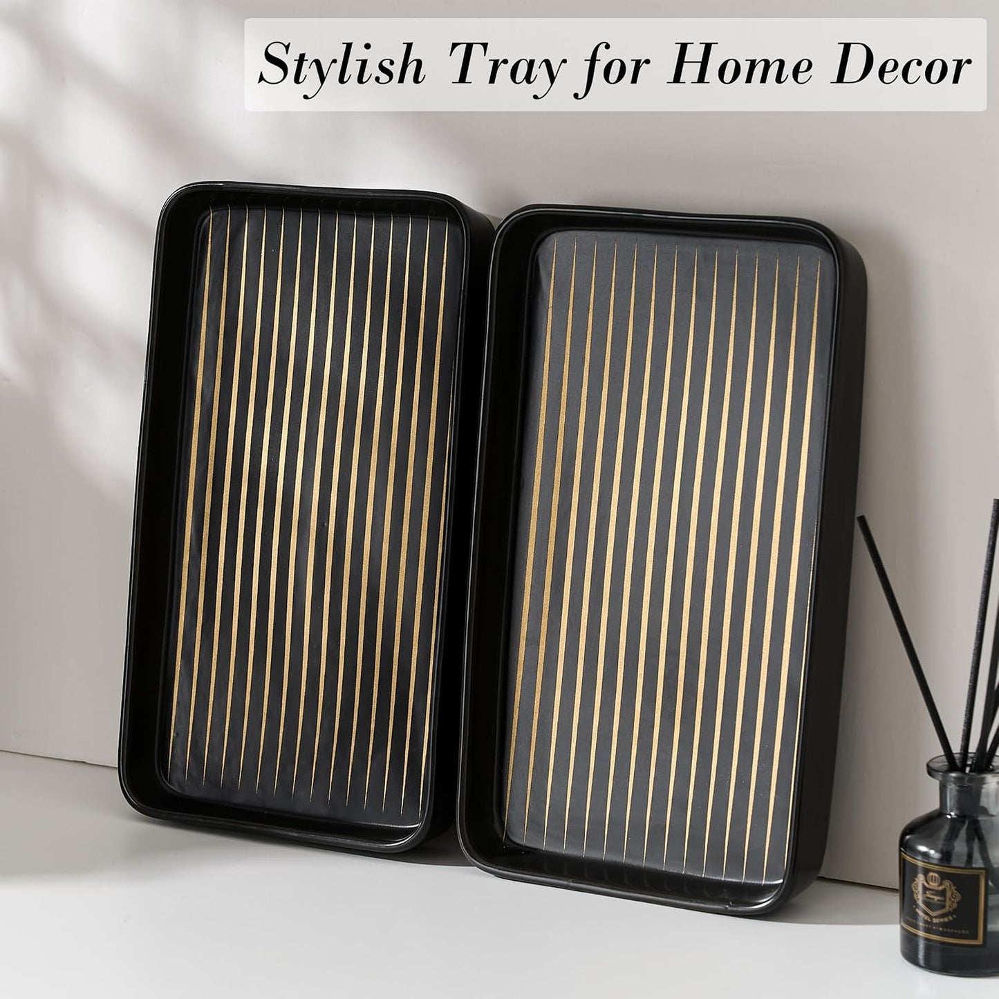 2PC Rectangle Striped Tray / Black Color with Golden Stripes- Large / Set of 2