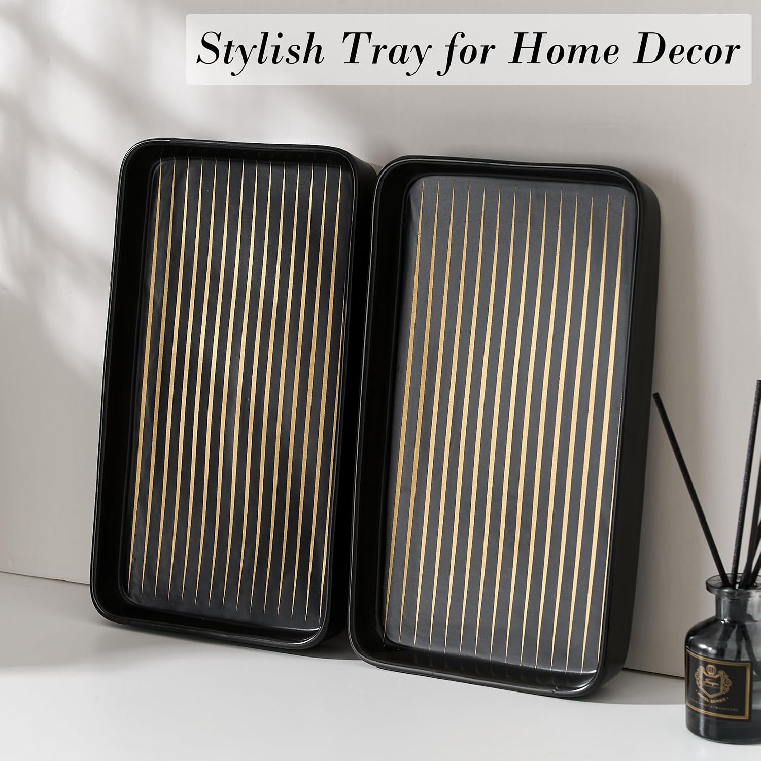2PC Rectangle Striped Tray / Black Color with Golden Stripes- Large / Set of 2